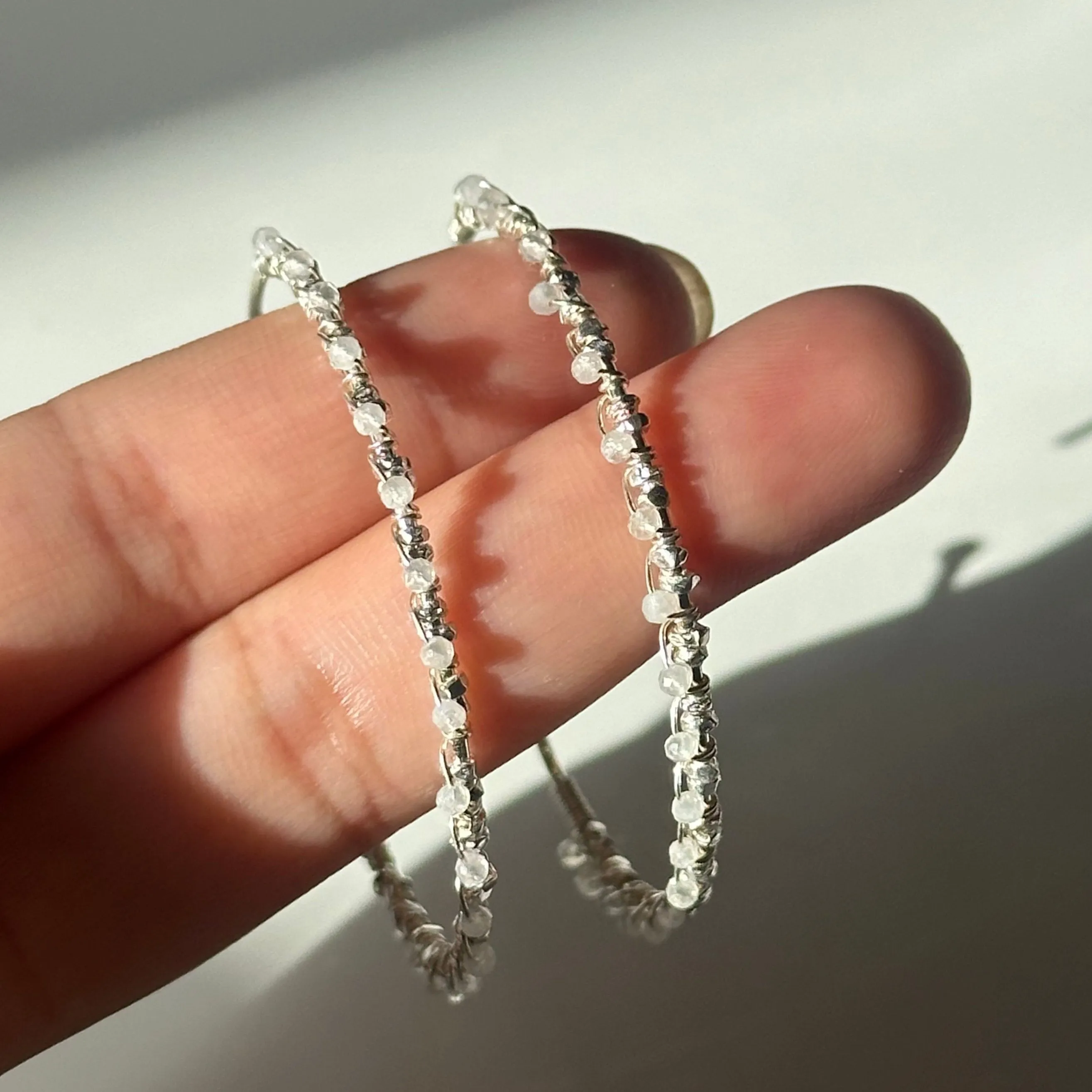 Large Hoop Earrings in Sterling Silver with Moonstone Gemstone