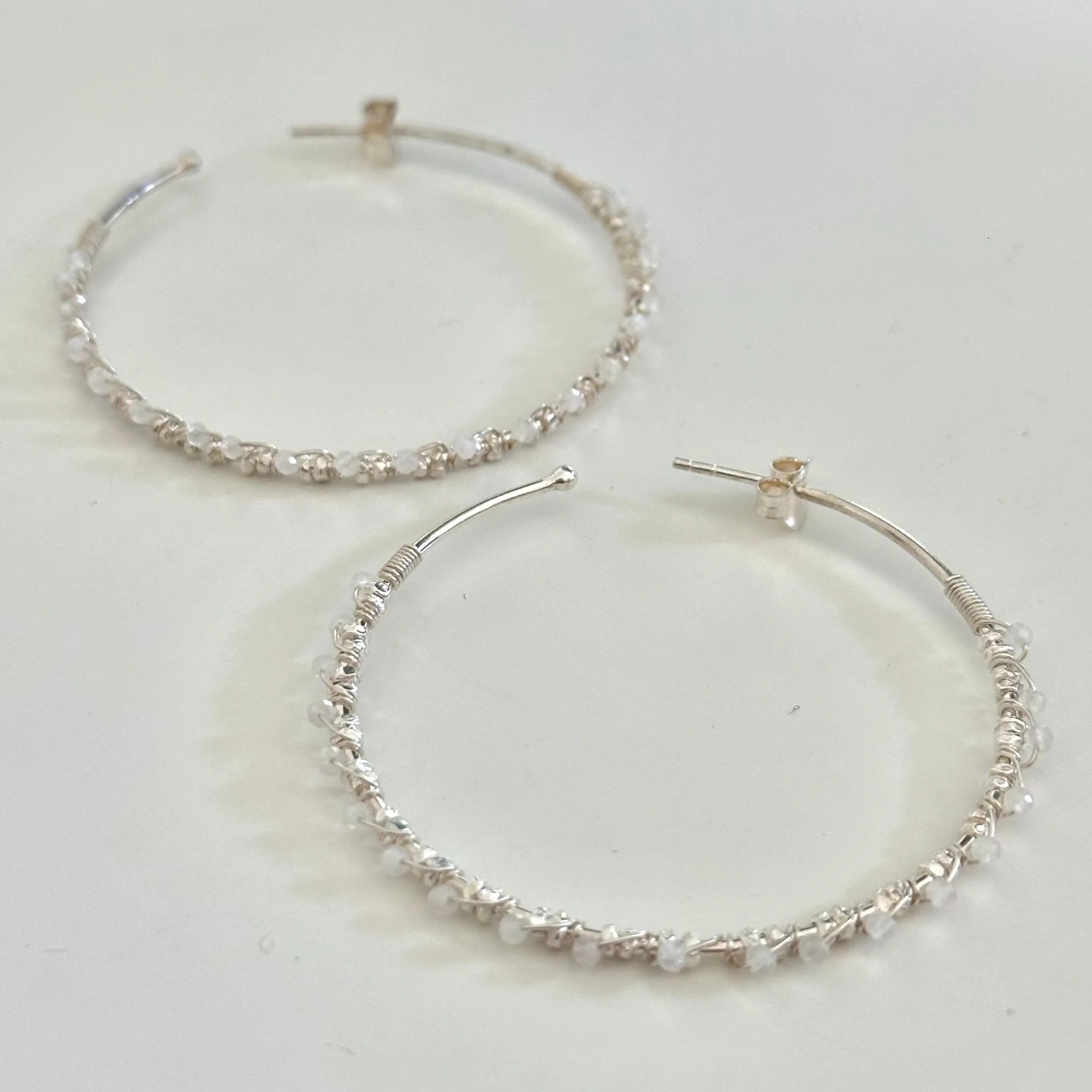 Large Hoop Earrings in Sterling Silver with Moonstone Gemstone
