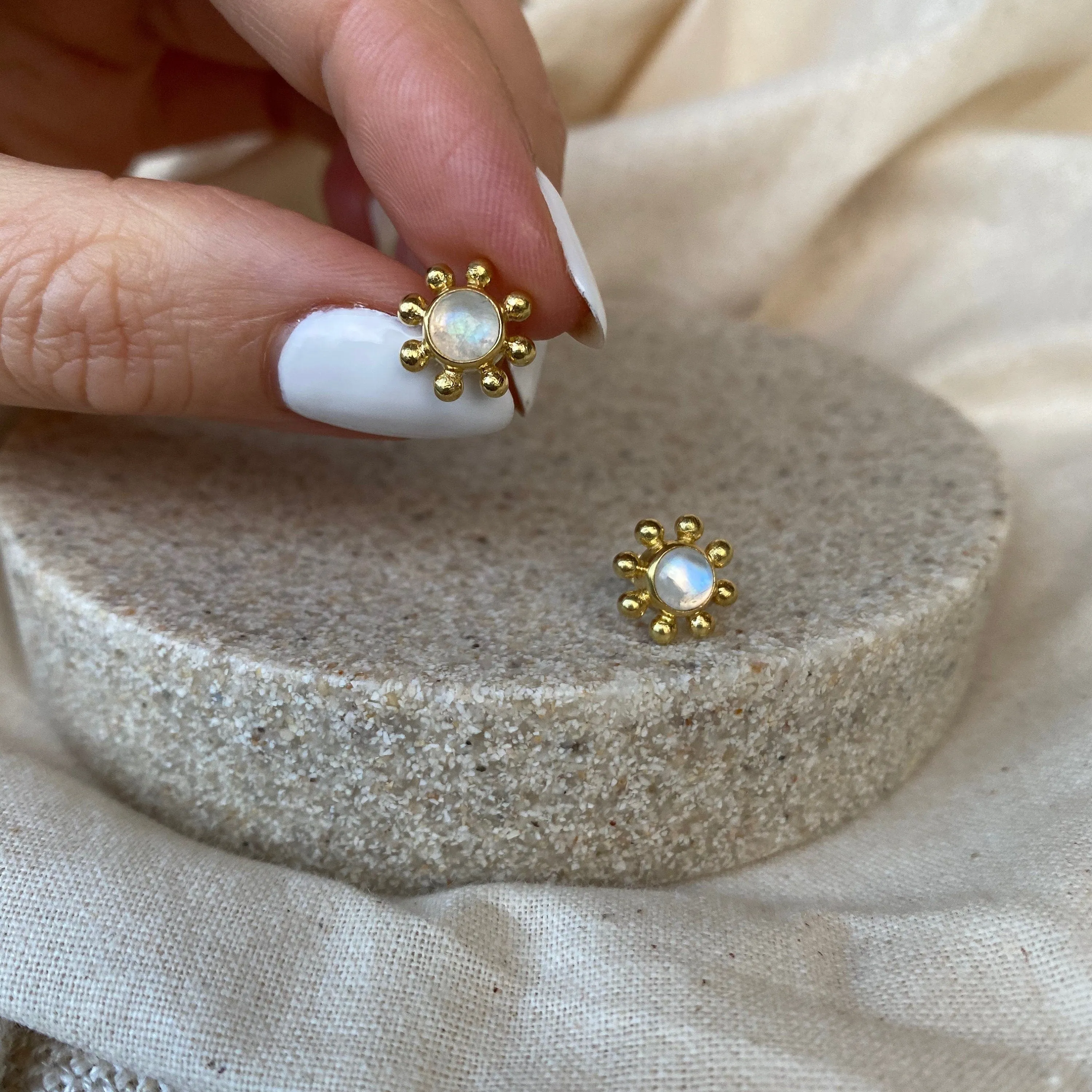 Little Sun 14K Gold Rainbow Moonstone Stud Earrings