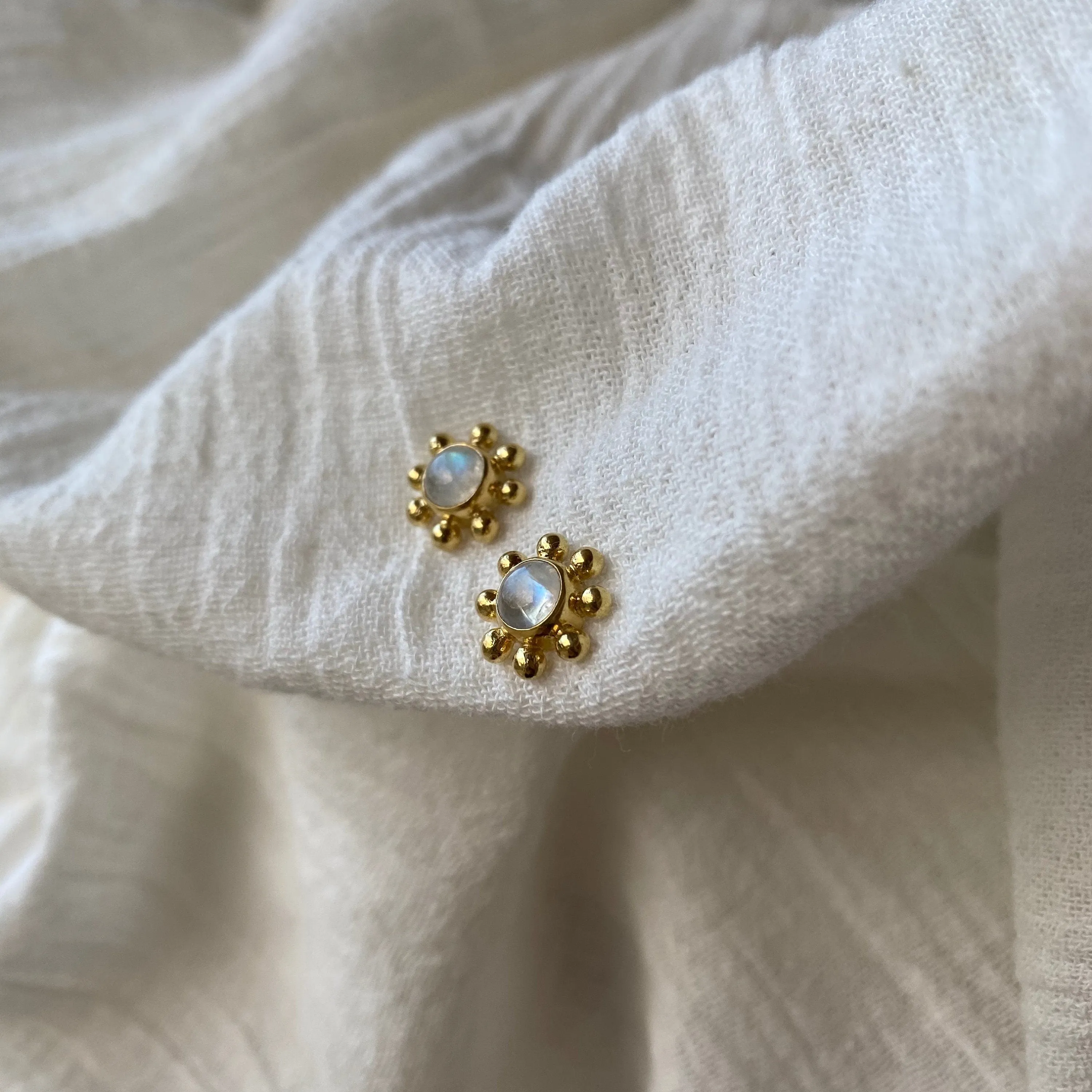 Little Sun 14K Gold Rainbow Moonstone Stud Earrings
