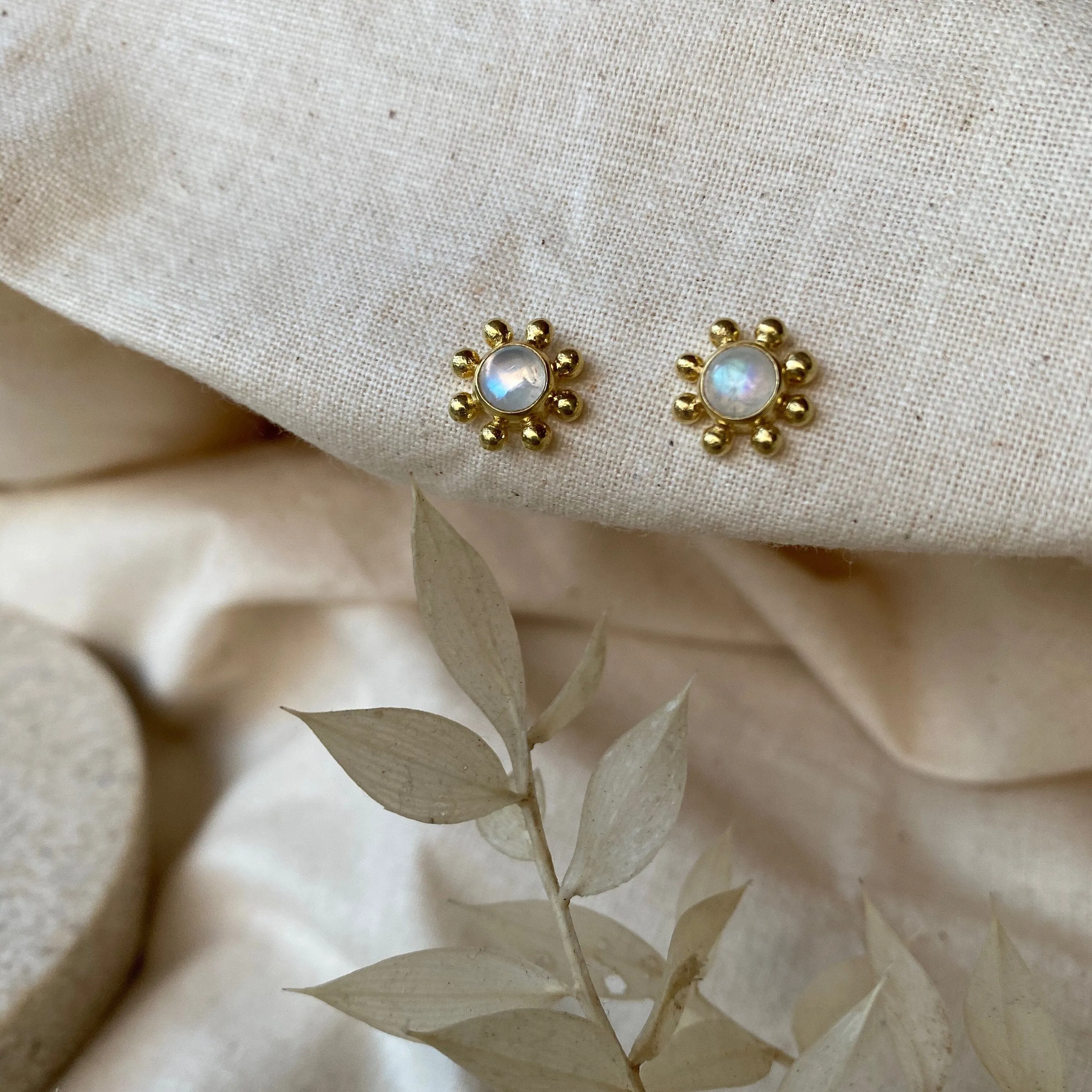 Little Sun 14K Gold Rainbow Moonstone Stud Earrings