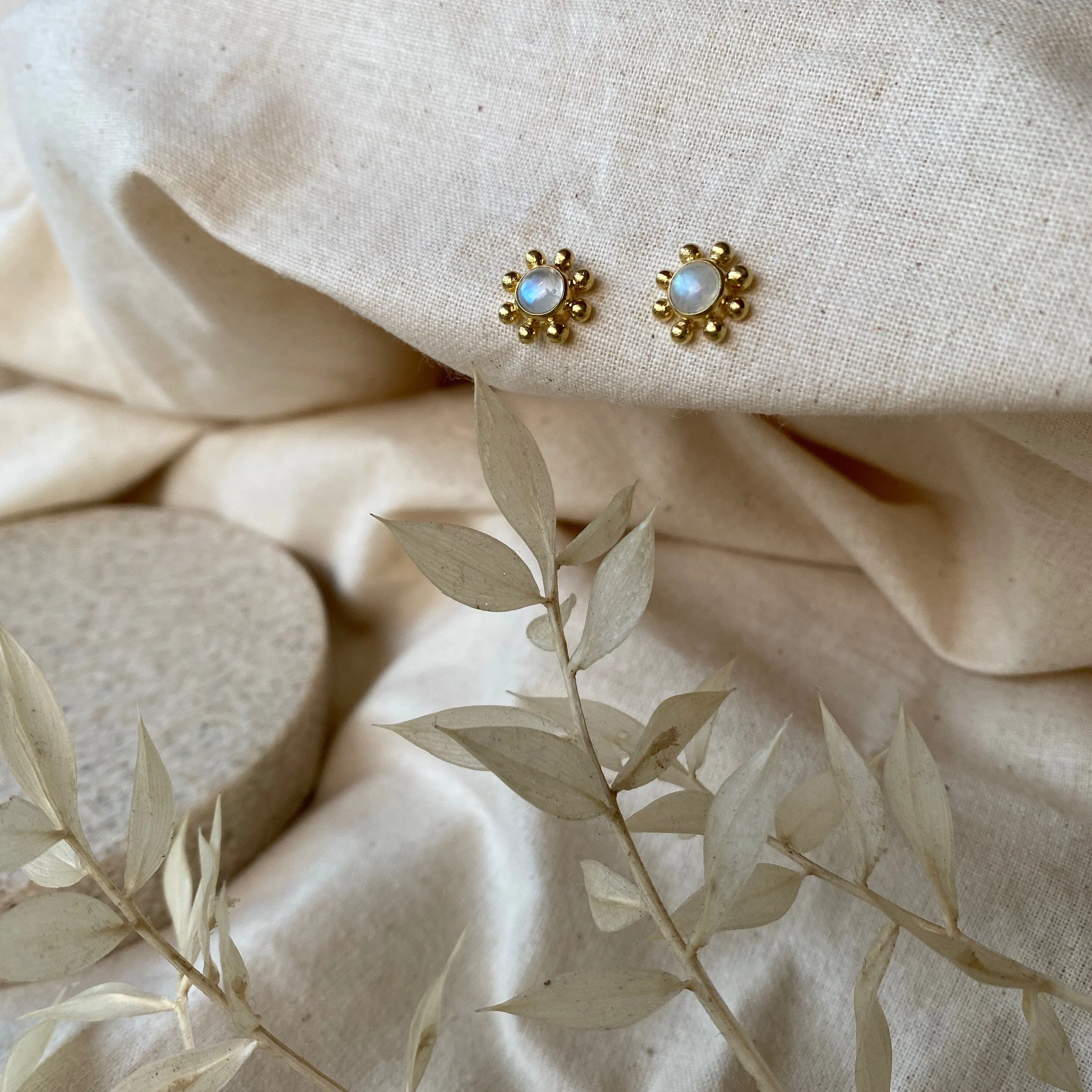 Little Sun 14K Gold Rainbow Moonstone Stud Earrings