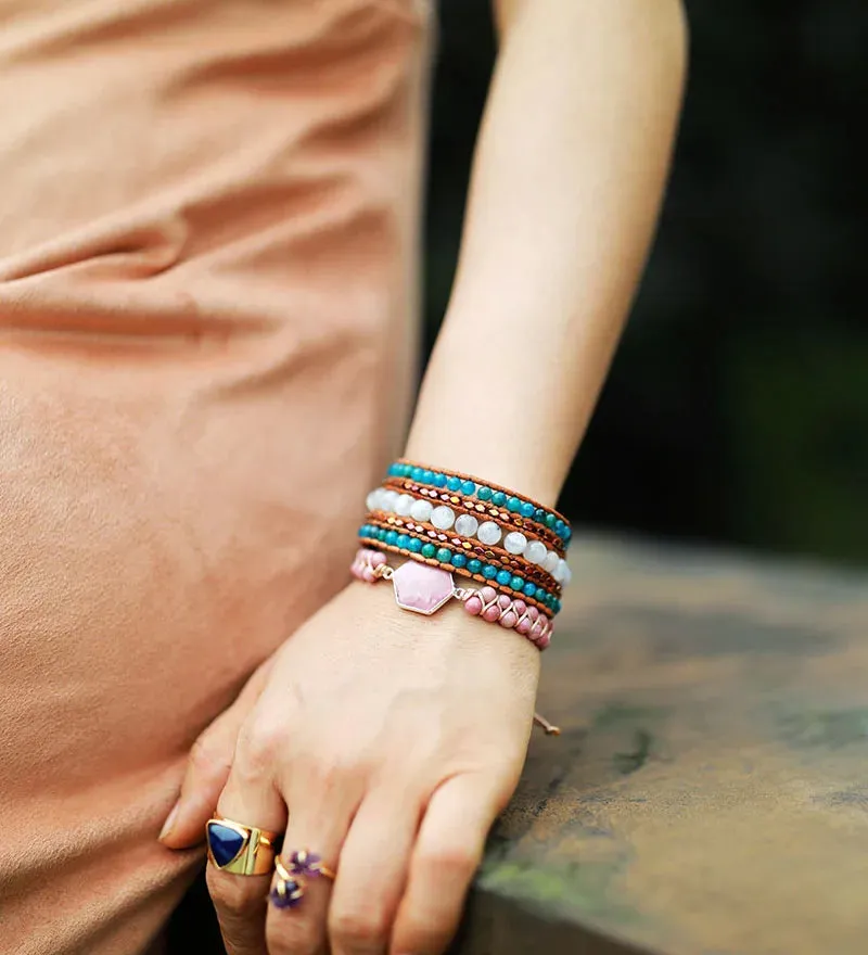 Luxury Leather Wrap Bracelet with Natural Moonstone
