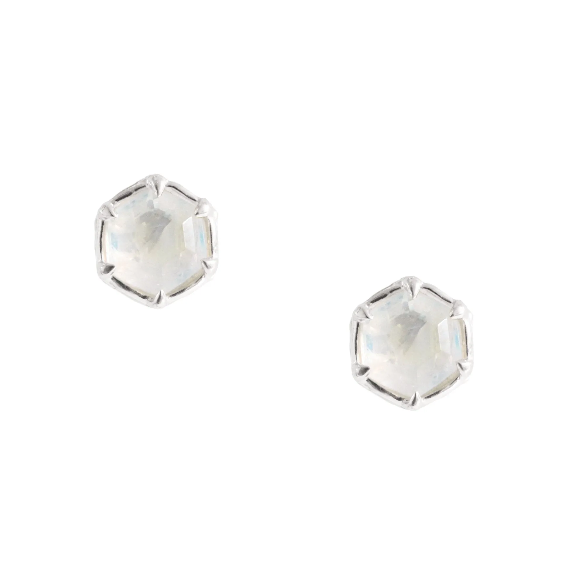 Mini Grace Hexagon Stud Earrings - Rainbow Moonstone & Silver