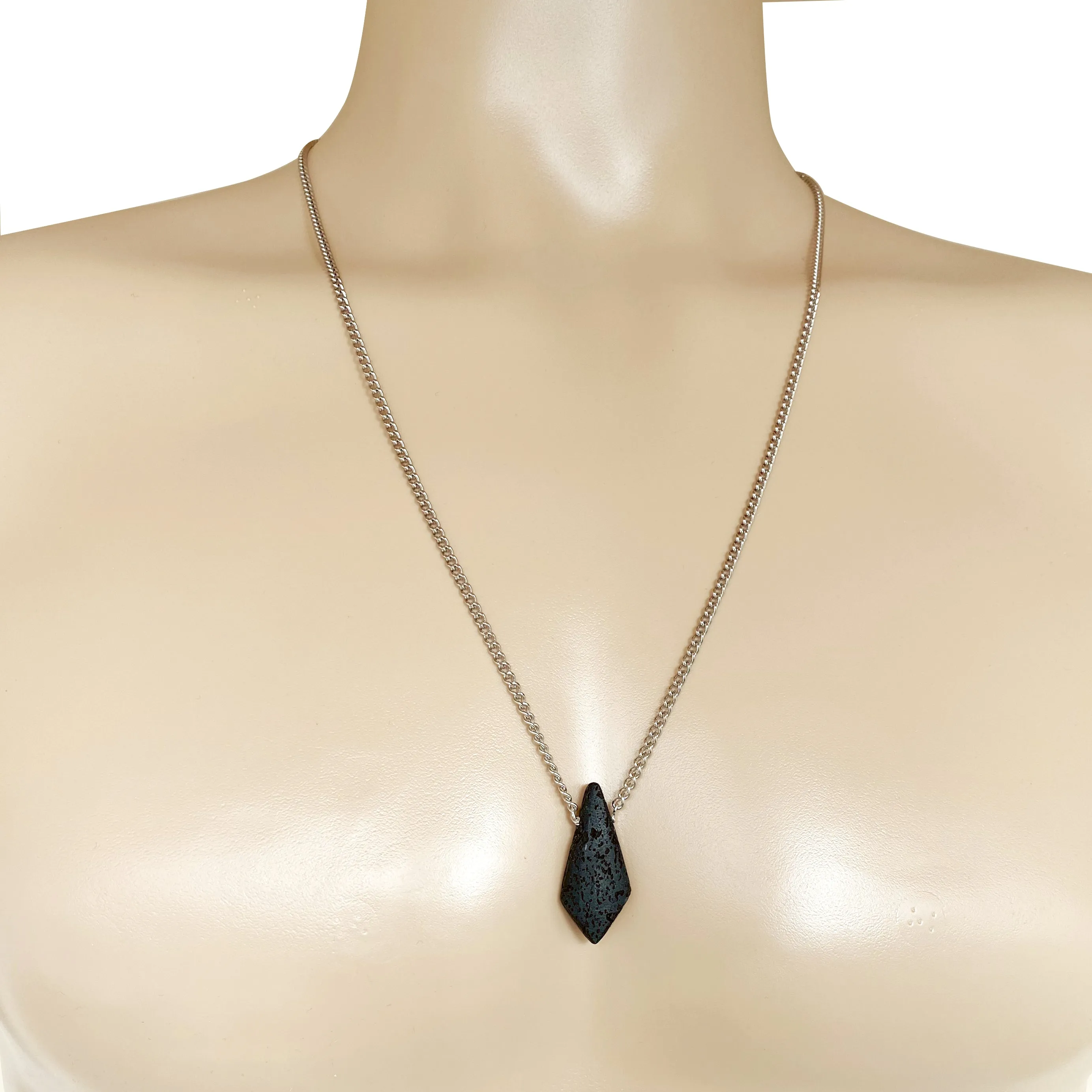 Modern Men's Genuine Black Lava Rock Kite Pendant on Stainless Steel Chain Necklace, 27"