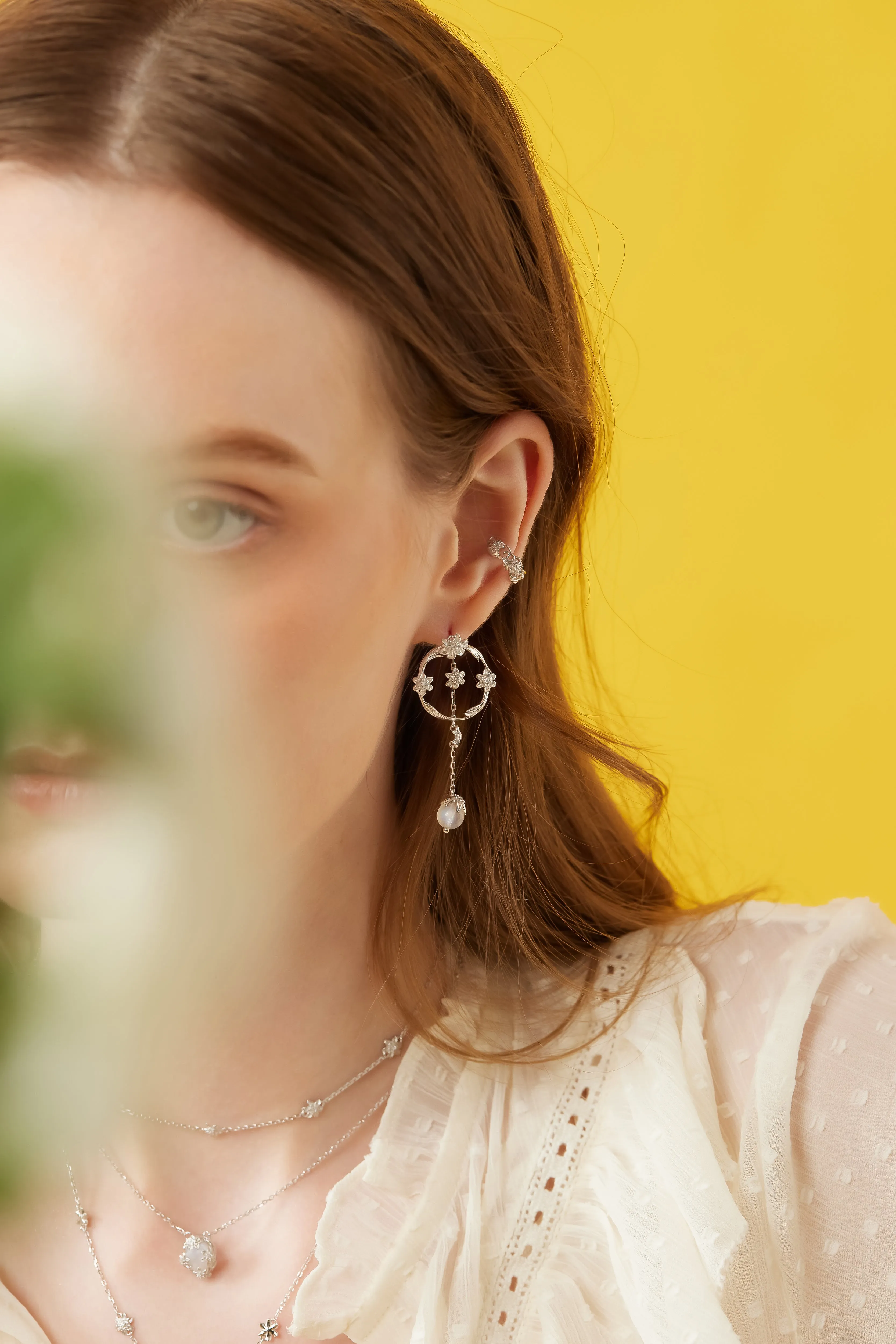 Moonstone Silver Asymmetrical Floral Earrings - Daffodil