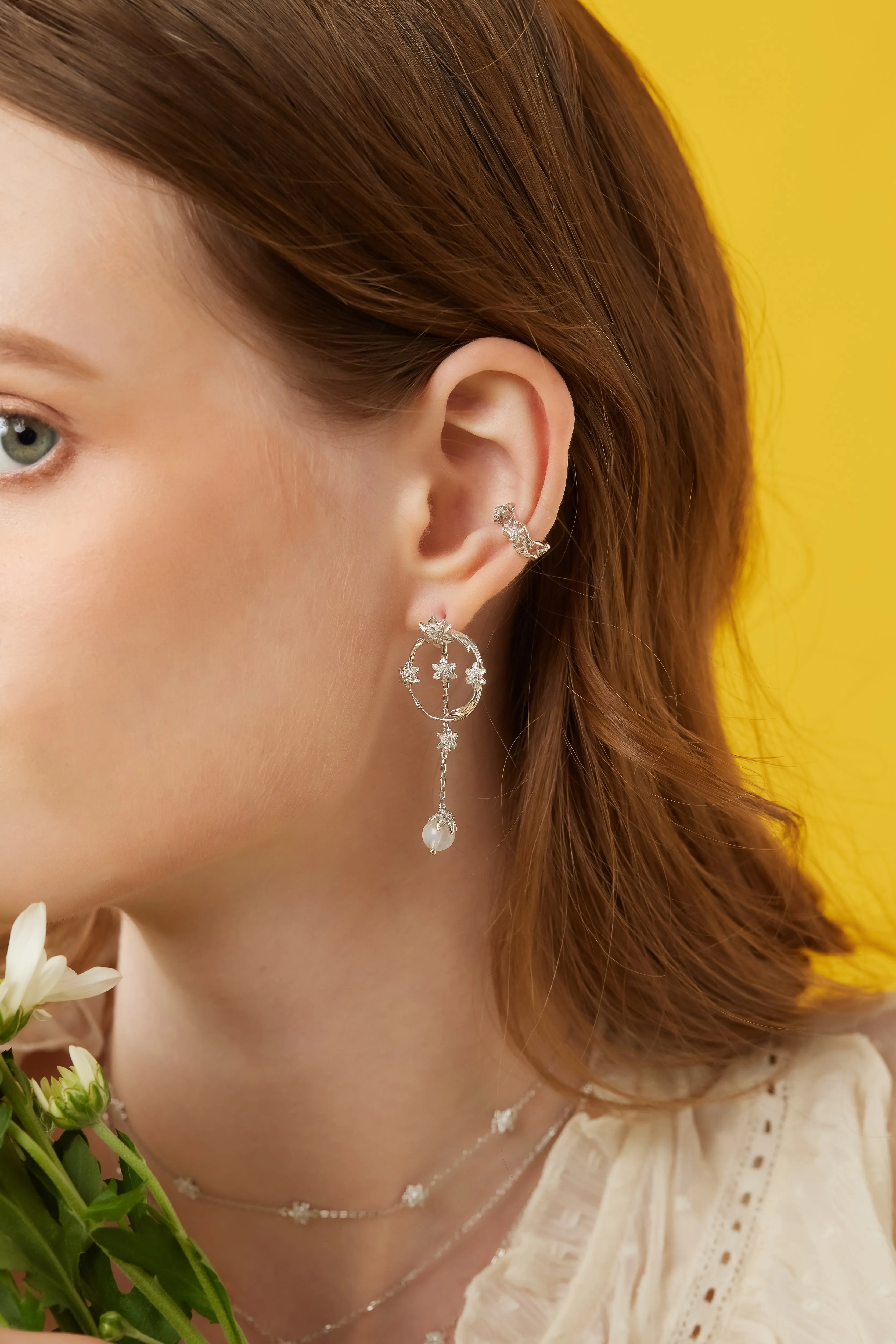 Moonstone Silver Asymmetrical Floral Earrings - Daffodil