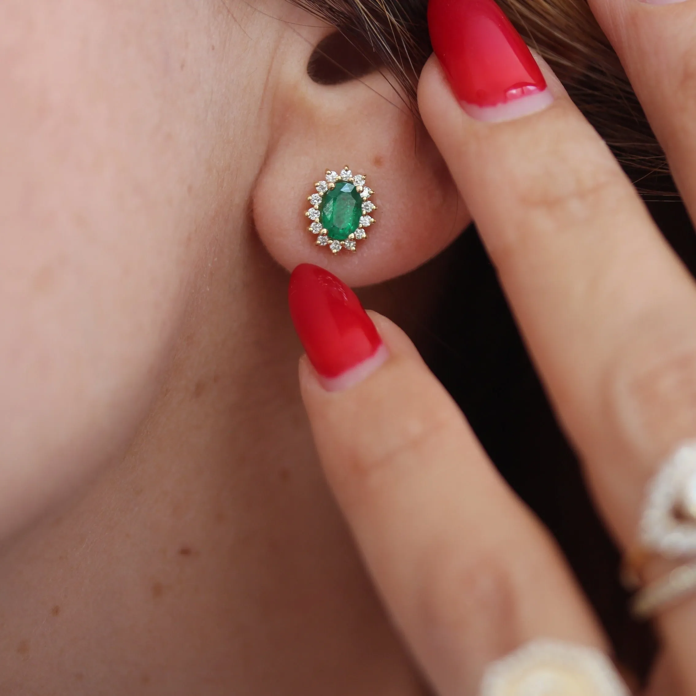 Oval Emerald Diamond Halo Stud Earrings