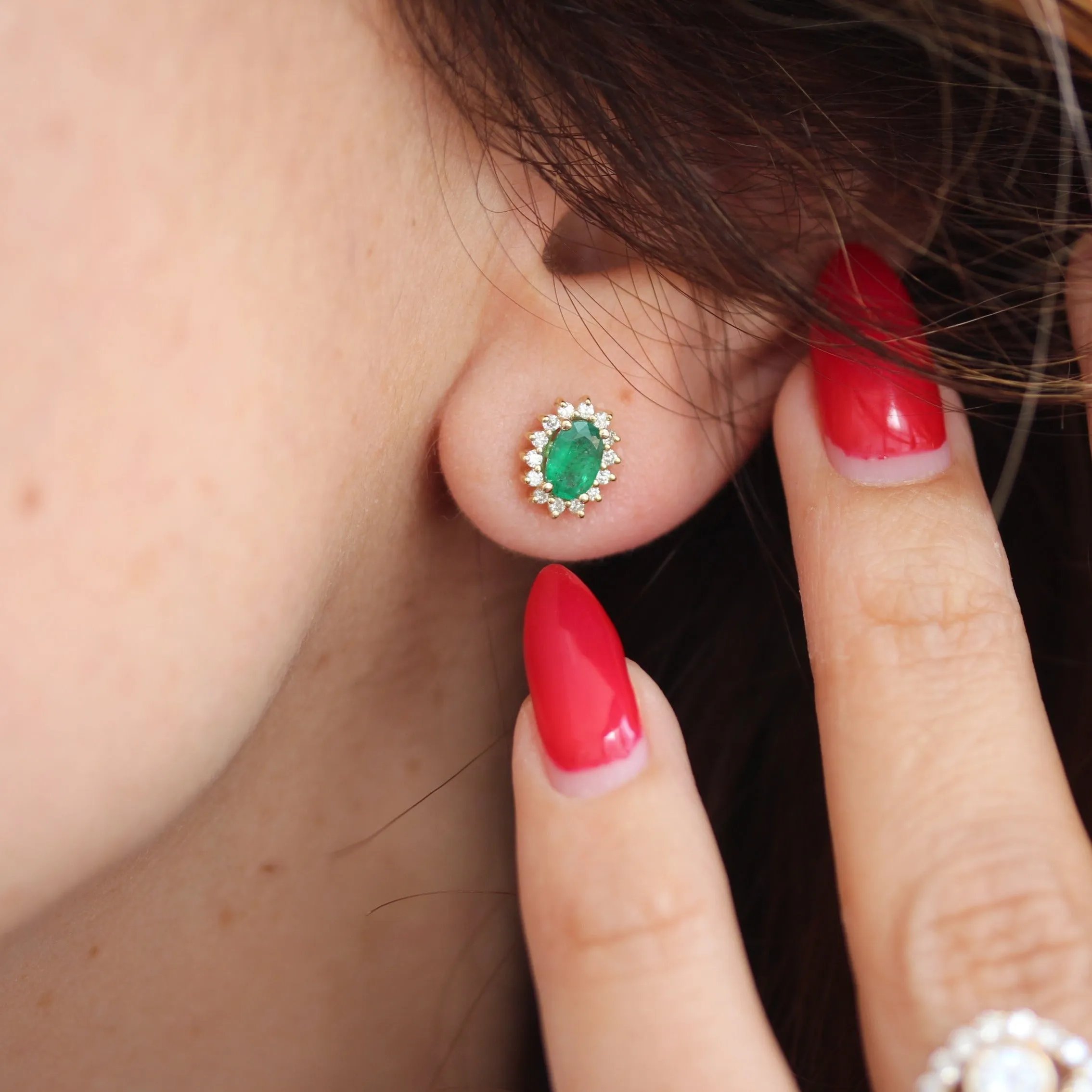 Oval Emerald Diamond Halo Stud Earrings