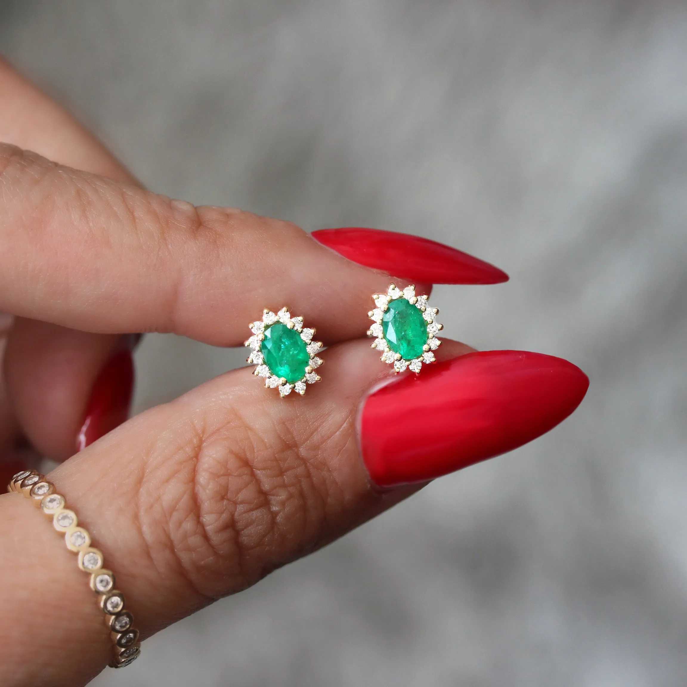 Oval Emerald Diamond Halo Stud Earrings