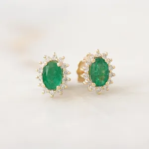 Oval Emerald Diamond Halo Stud Earrings