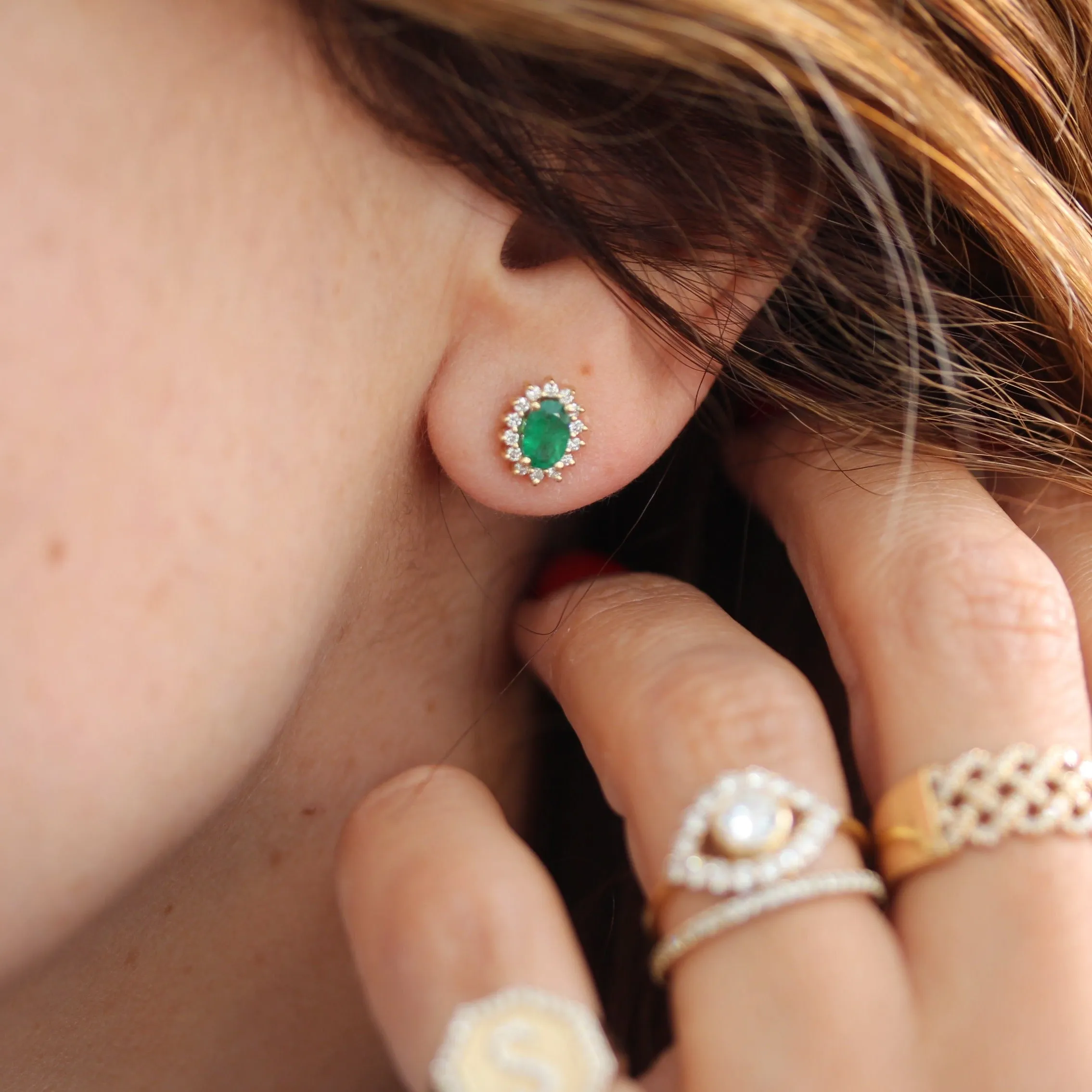 Oval Emerald Diamond Halo Stud Earrings