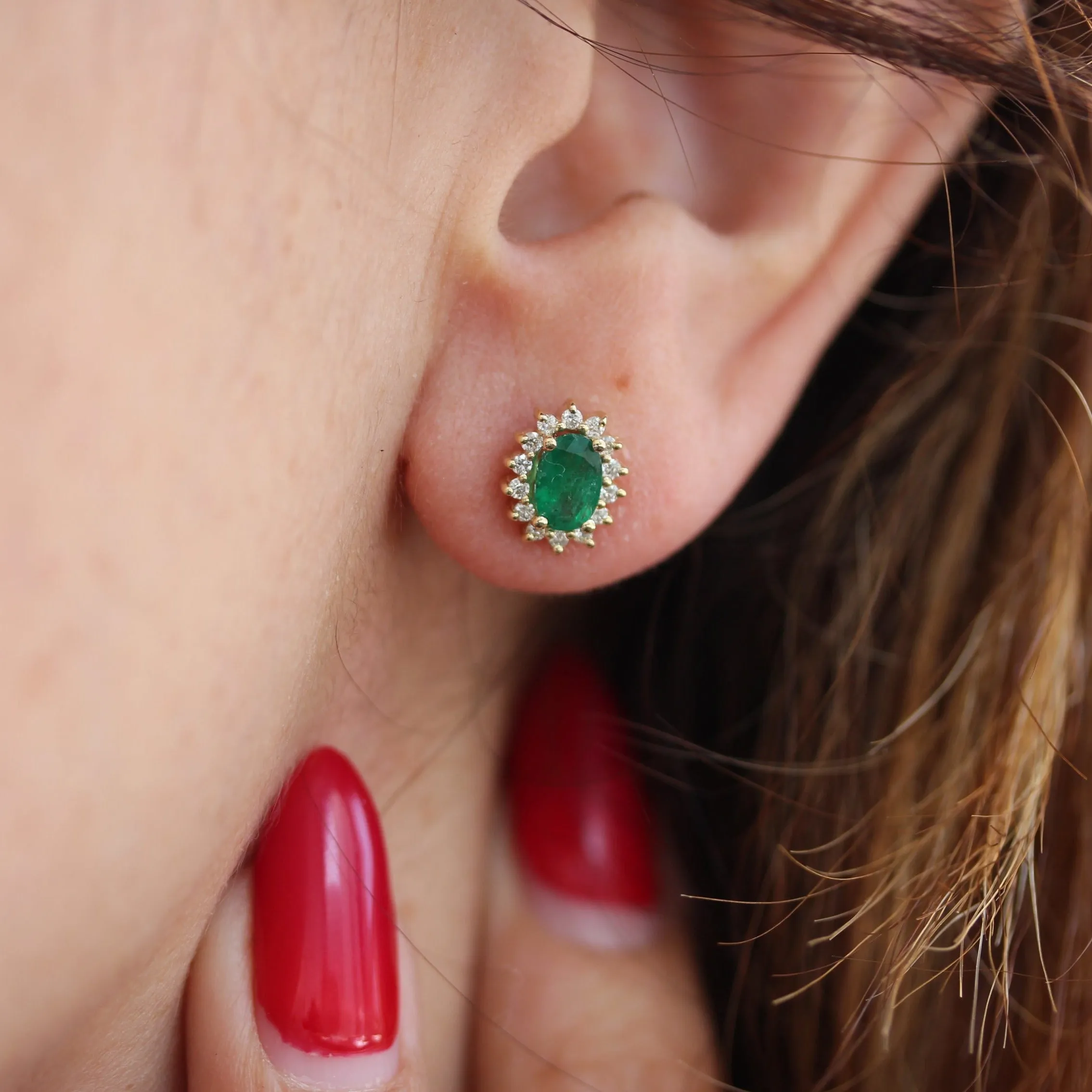 Oval Emerald Diamond Halo Stud Earrings