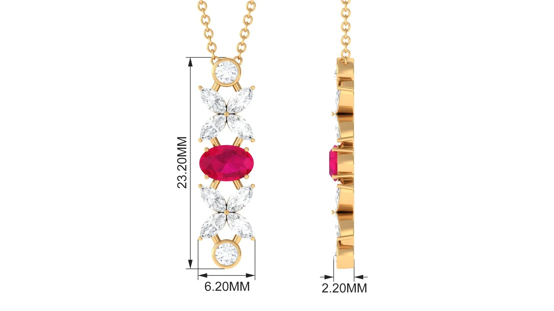 Oval Ruby and Diamond Flower Dangle Necklace