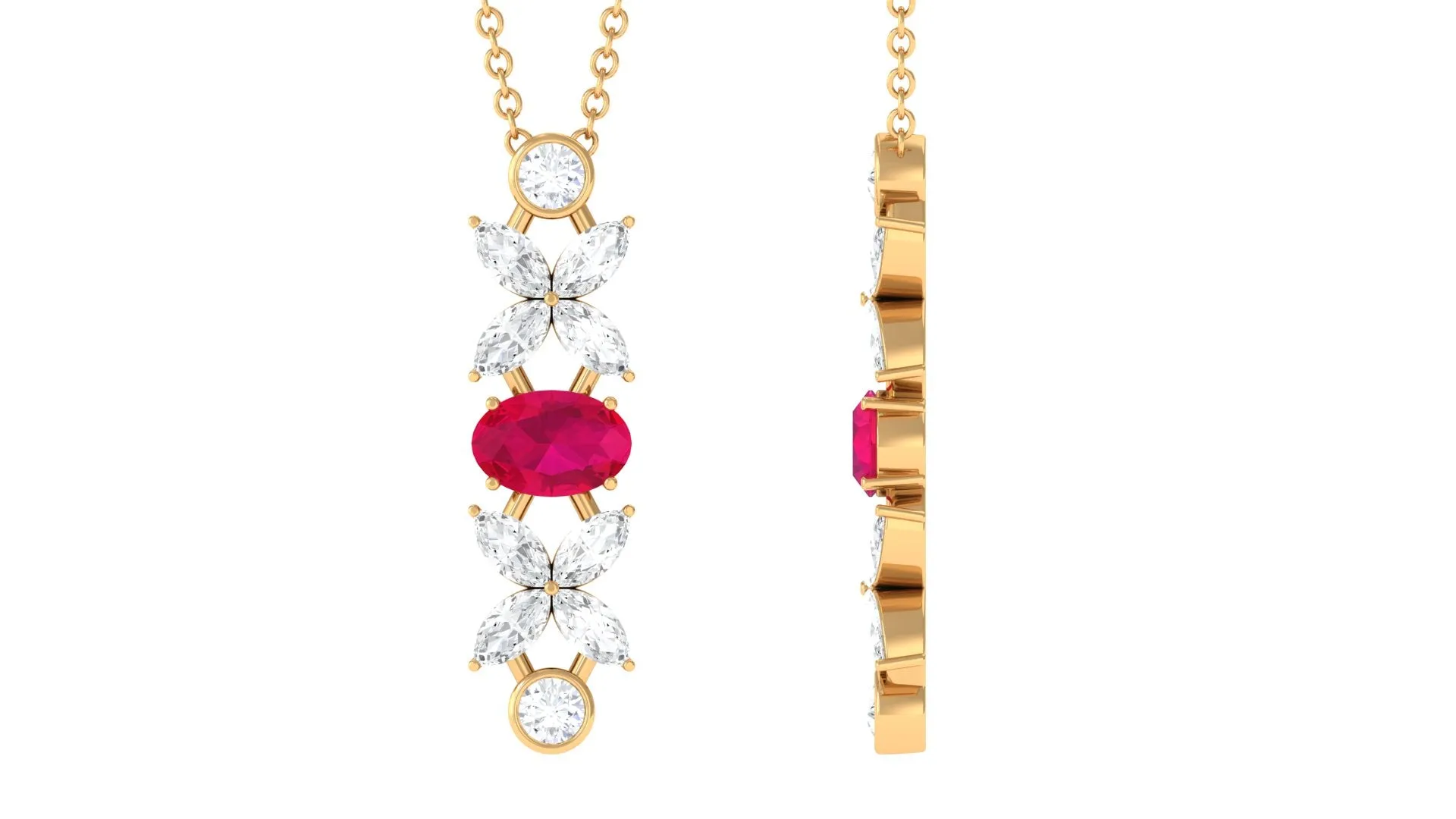 Oval Ruby and Diamond Flower Dangle Necklace