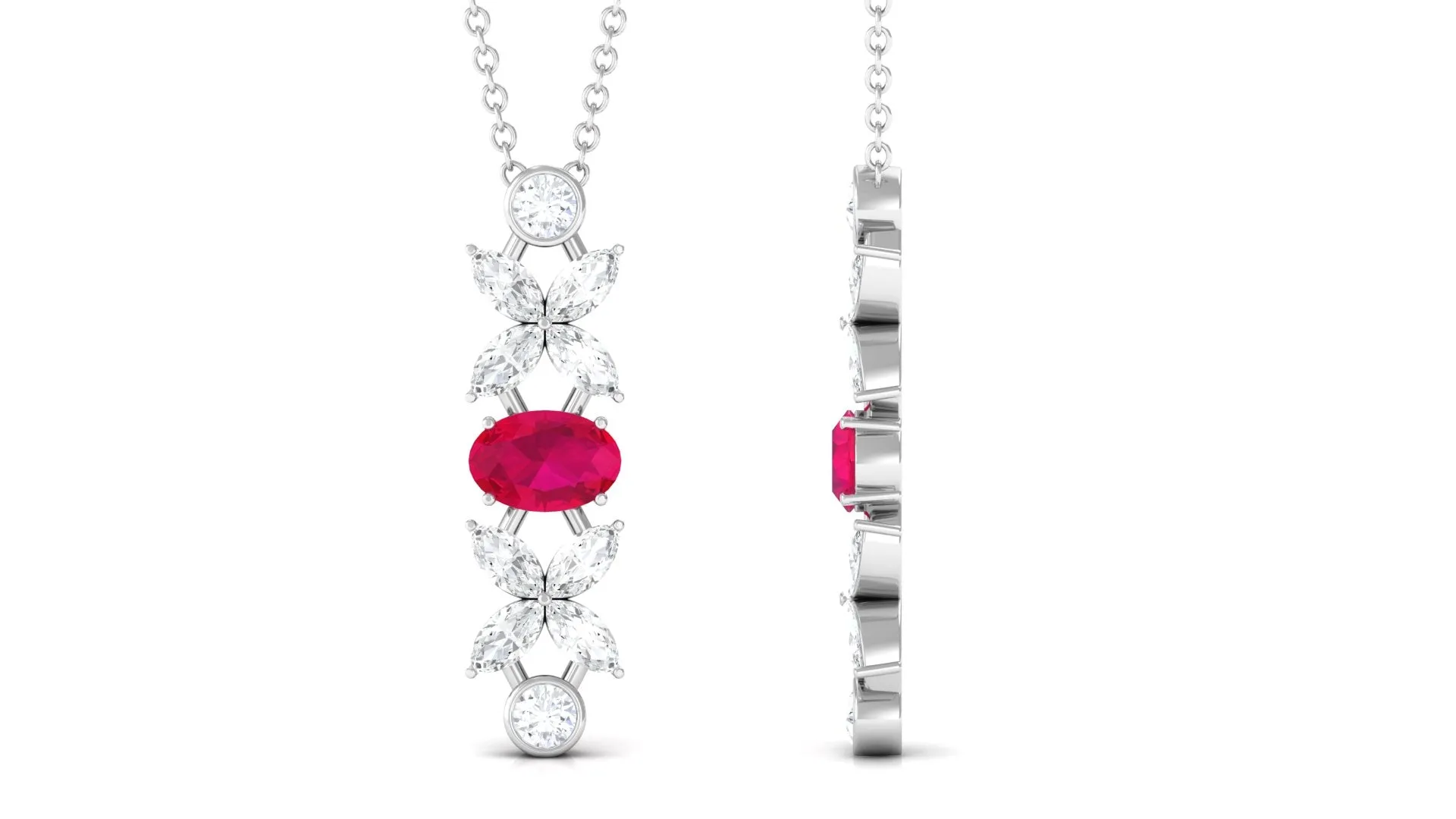 Oval Ruby and Diamond Flower Dangle Necklace