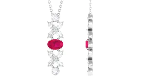 Oval Ruby and Diamond Flower Dangle Necklace