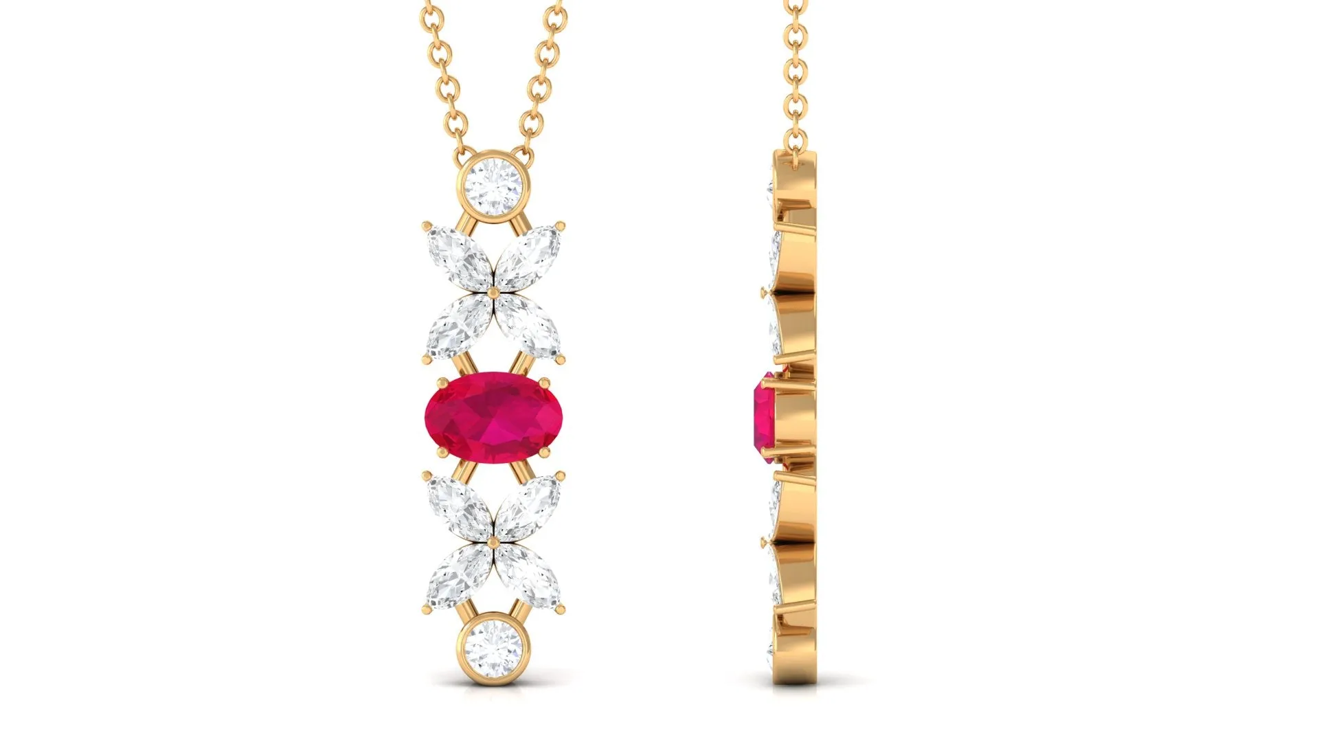 Oval Ruby and Diamond Flower Dangle Necklace