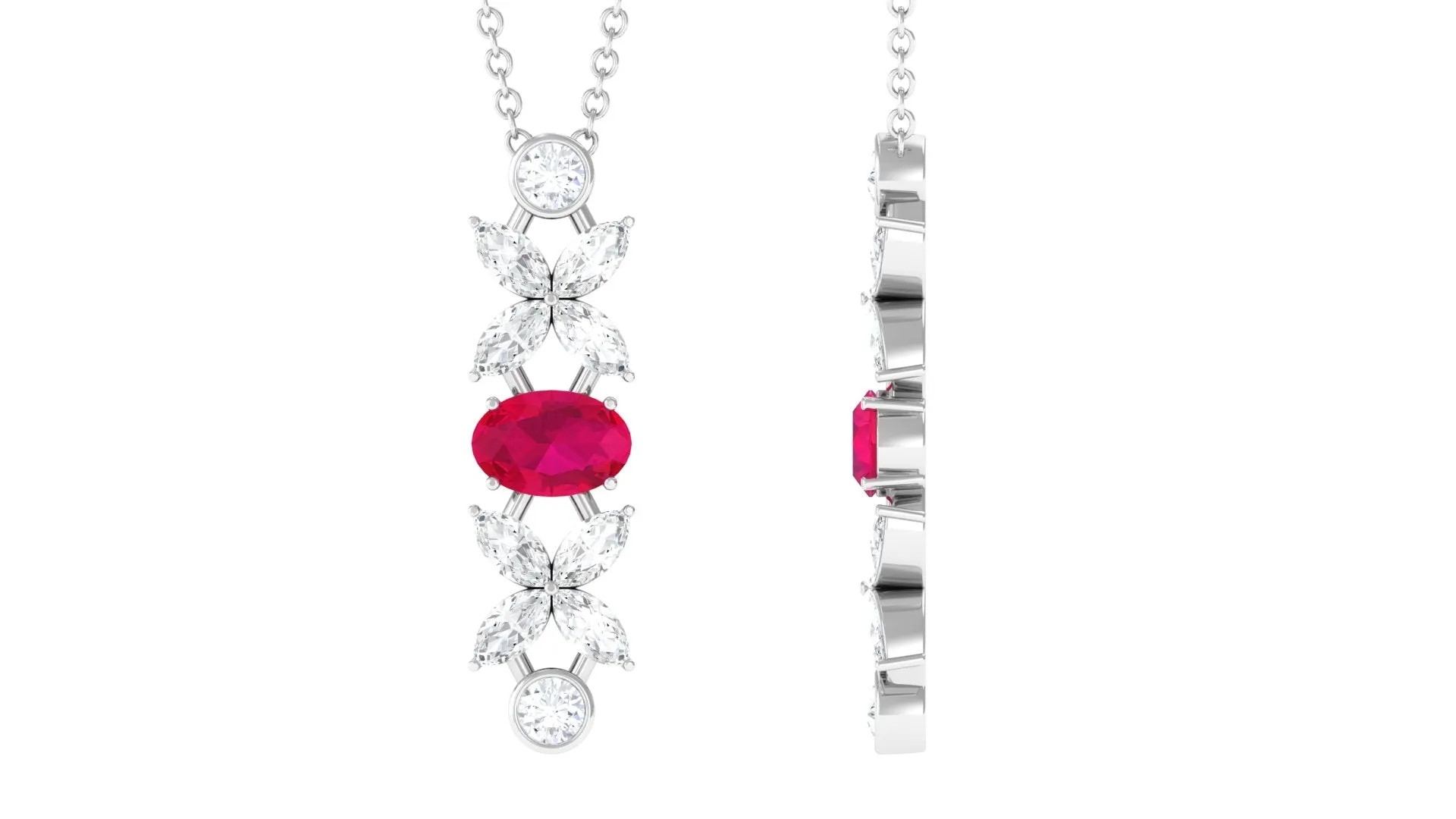 Oval Ruby and Diamond Flower Dangle Necklace