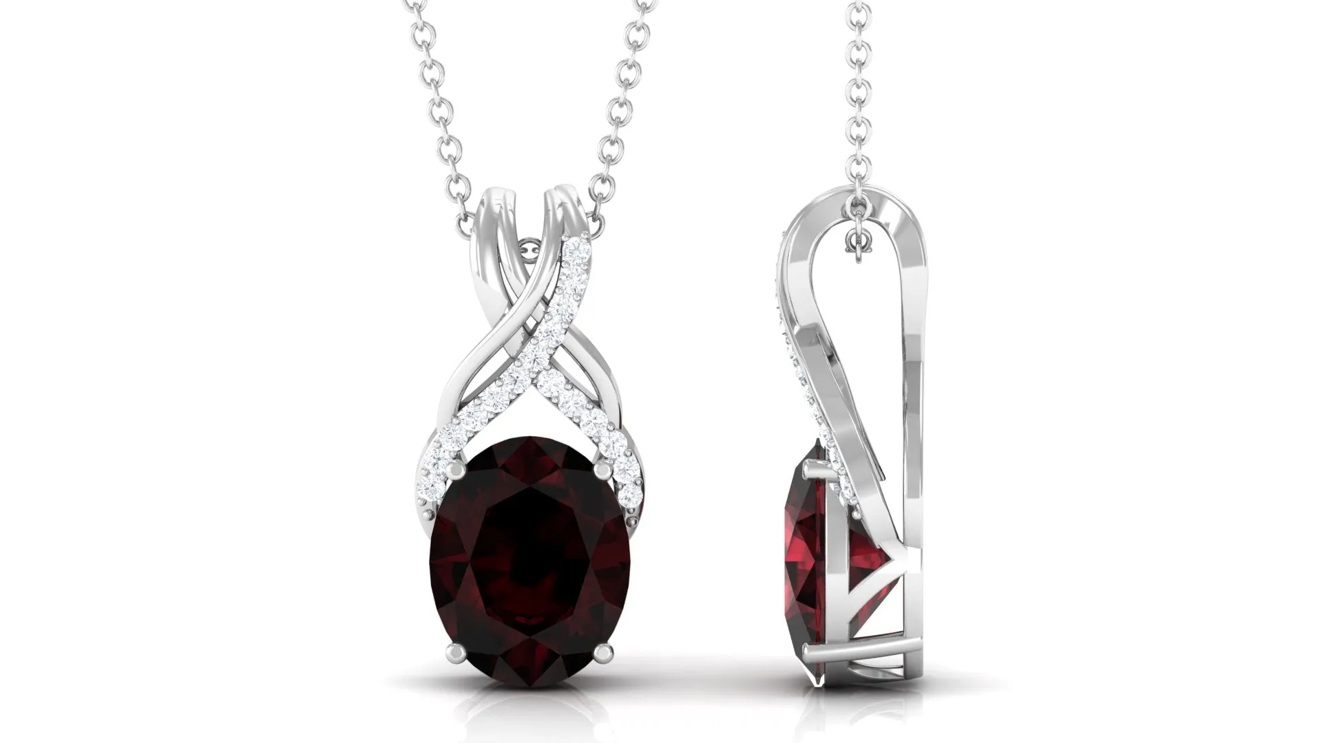Oval Shape Garnet Solitaire Pendant Necklace with Diamond