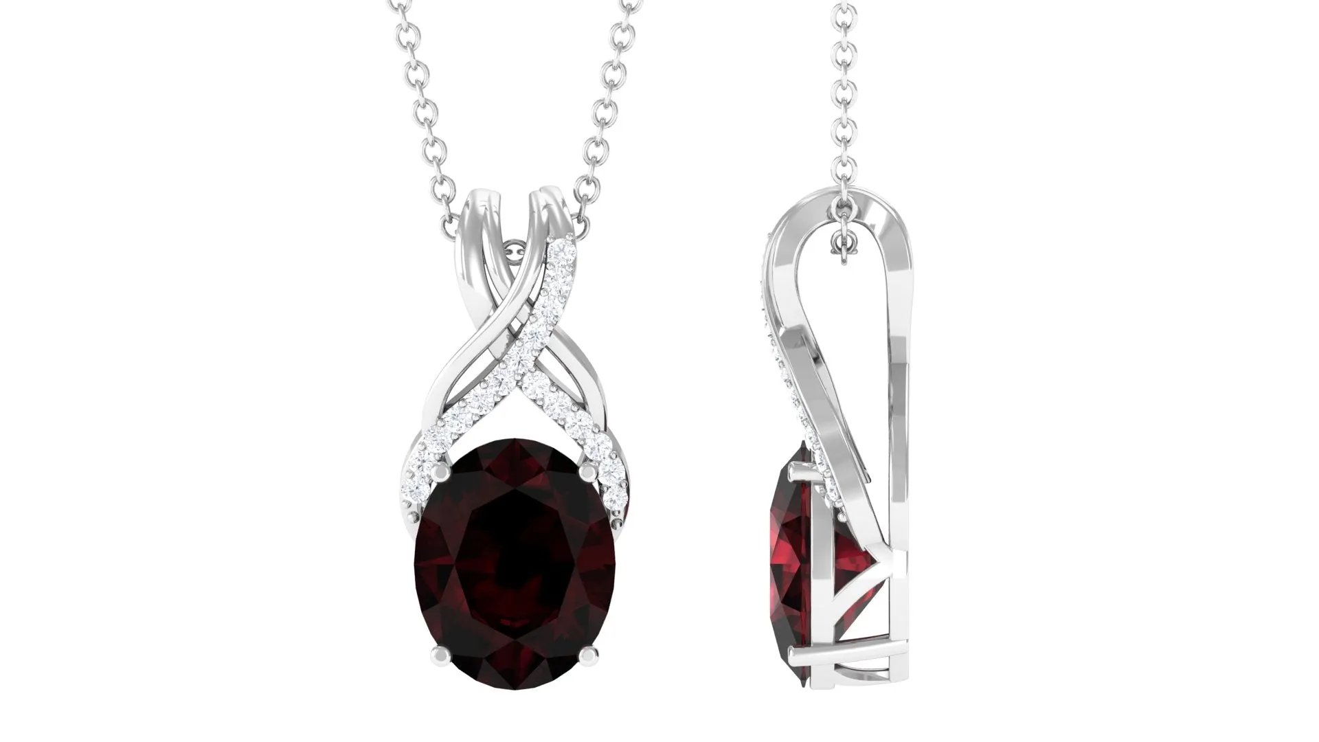 Oval Shape Garnet Solitaire Pendant Necklace with Diamond