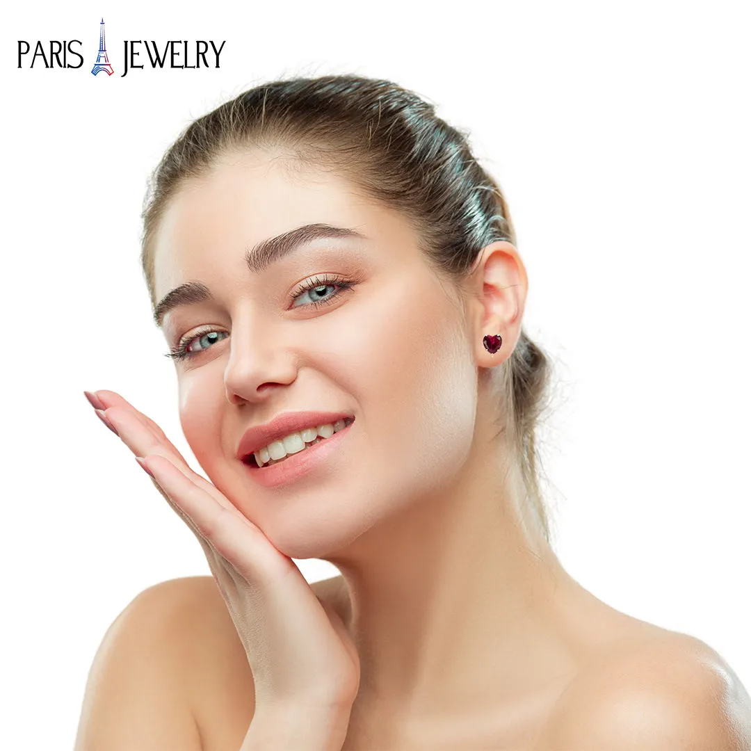 Paris Jewelry 18k Yellow Gold Created Ruby 3 Pair Round, Square And Heart Stud Earrings Plated 4mm
