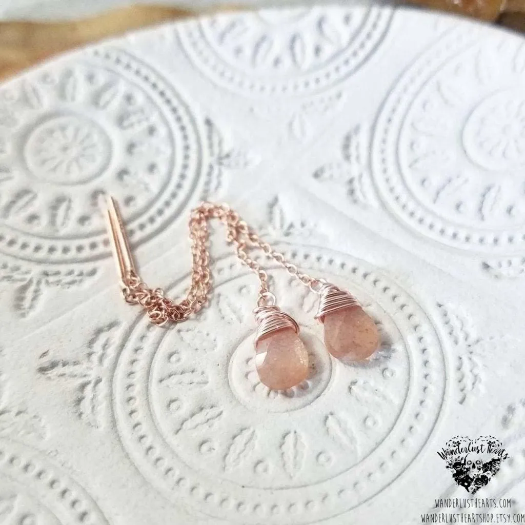 Peach Moonstone Rose gold threaders