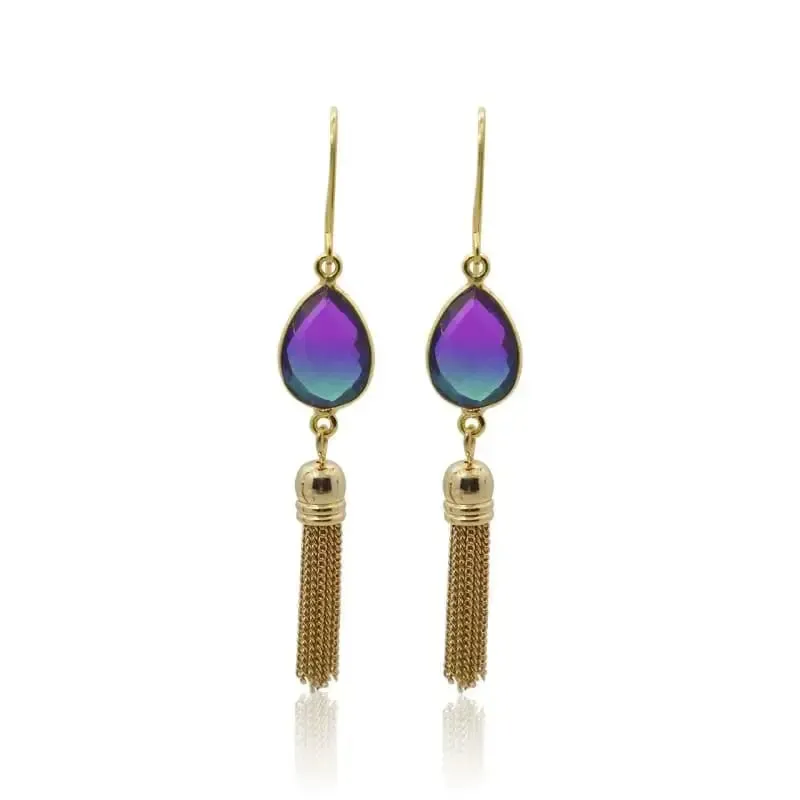 Peacock Aura Oval Drop Tassel Earrings