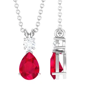 Pear Shape Lab Grown Ruby Solitaire Pendant with Moissanite