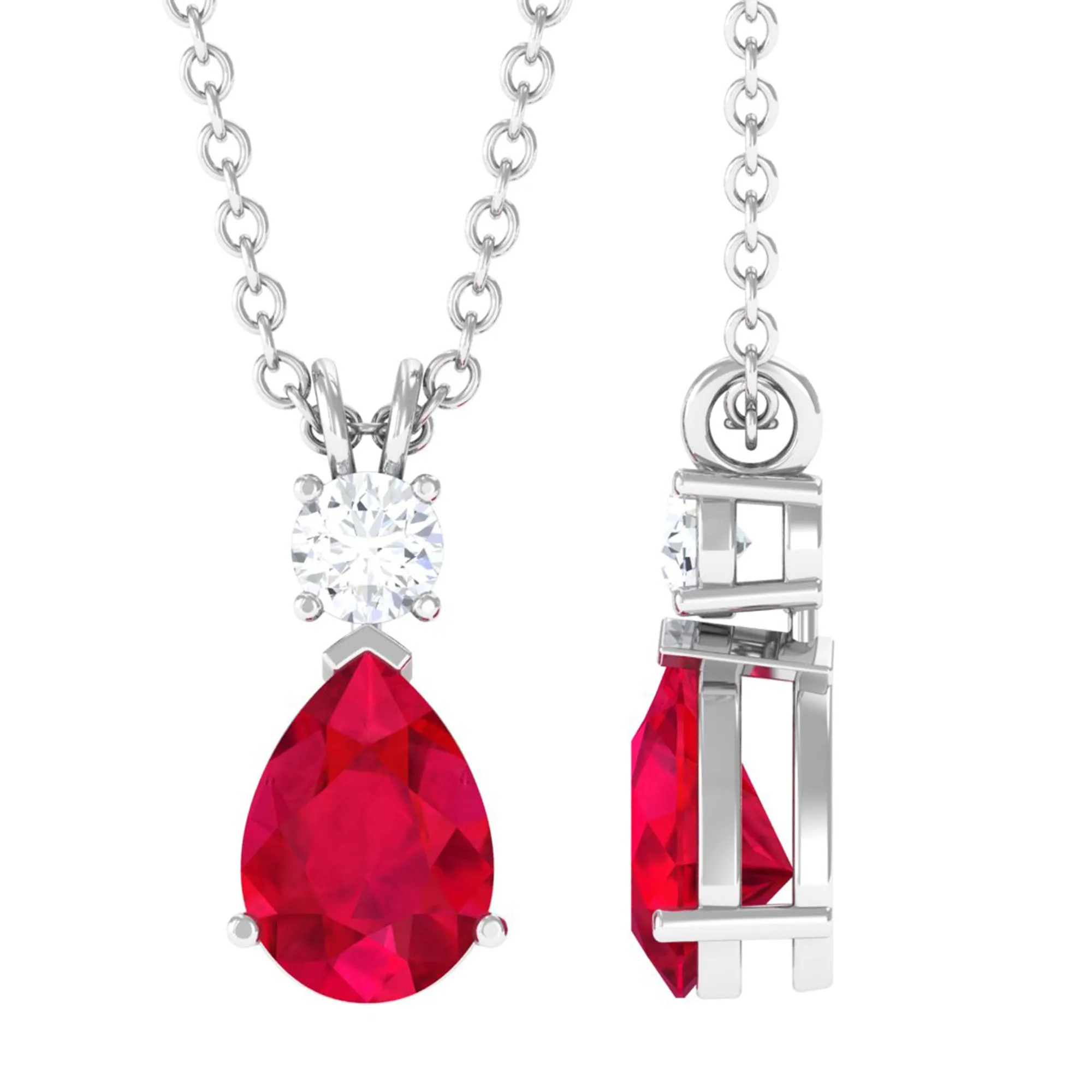 Pear Shape Lab Grown Ruby Solitaire Pendant with Moissanite