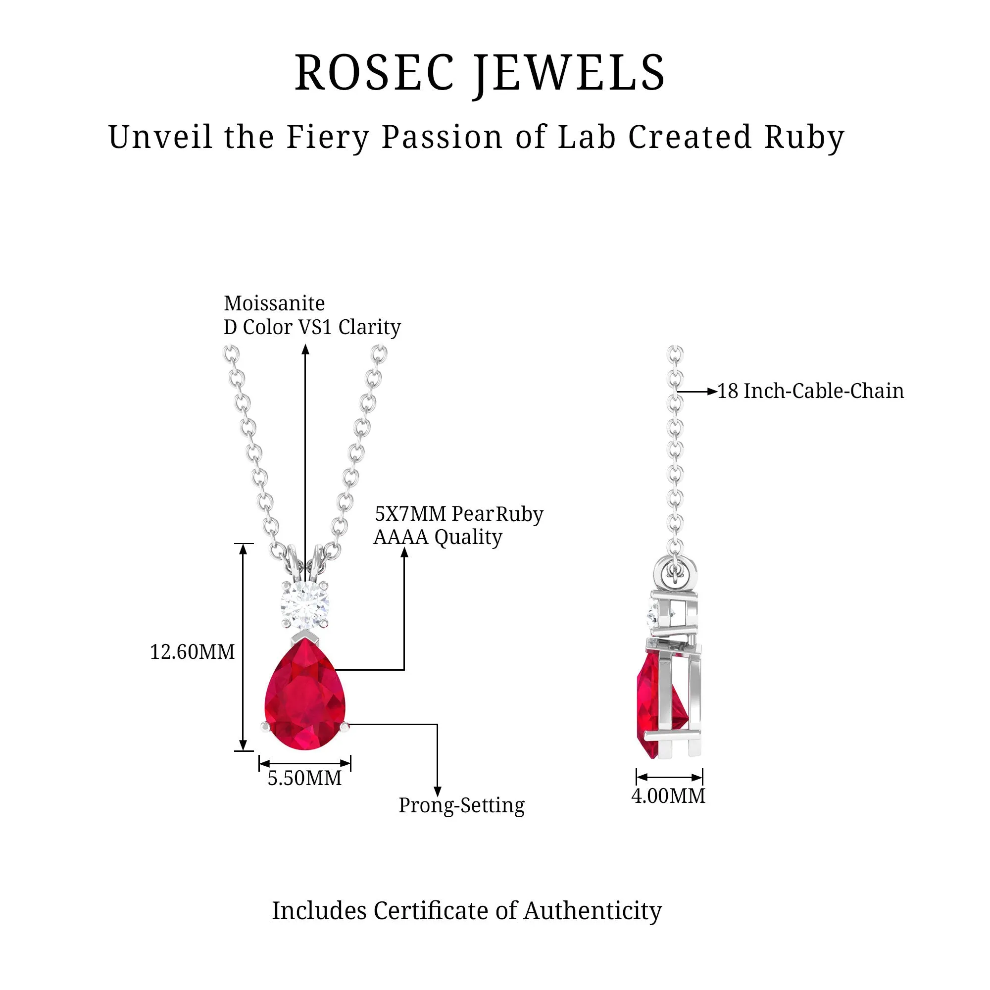 Pear Shape Lab Grown Ruby Solitaire Pendant with Moissanite