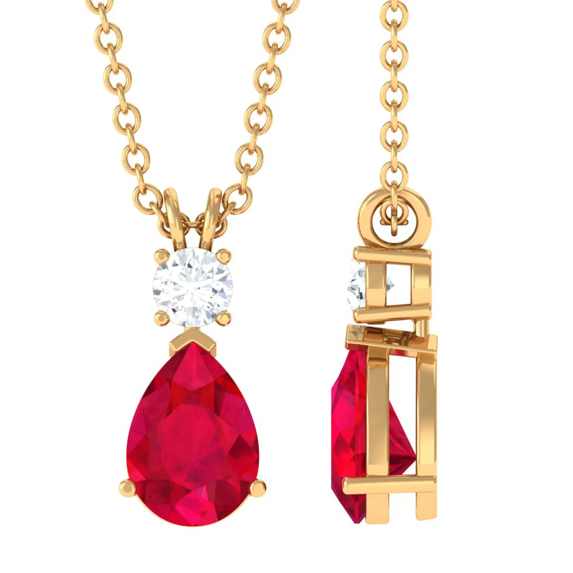 Pear Shape Lab Grown Ruby Solitaire Pendant with Moissanite
