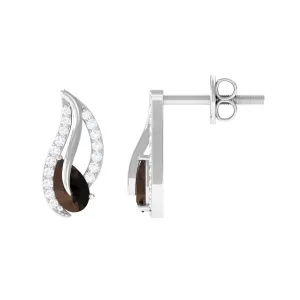 Pear Shape Smoky Quartz and Diamond Leaf Stud Earrings