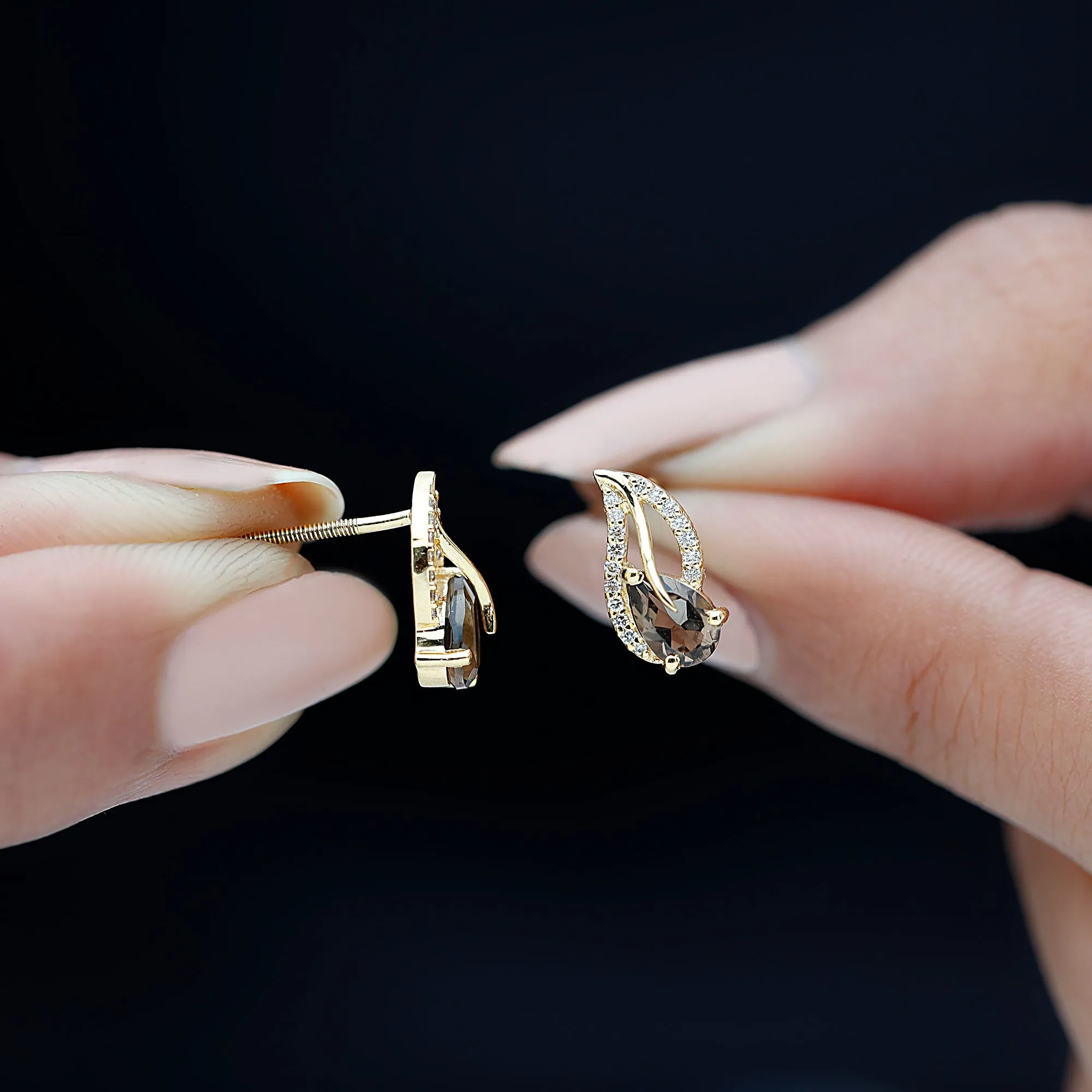 Pear Shape Smoky Quartz and Diamond Leaf Stud Earrings