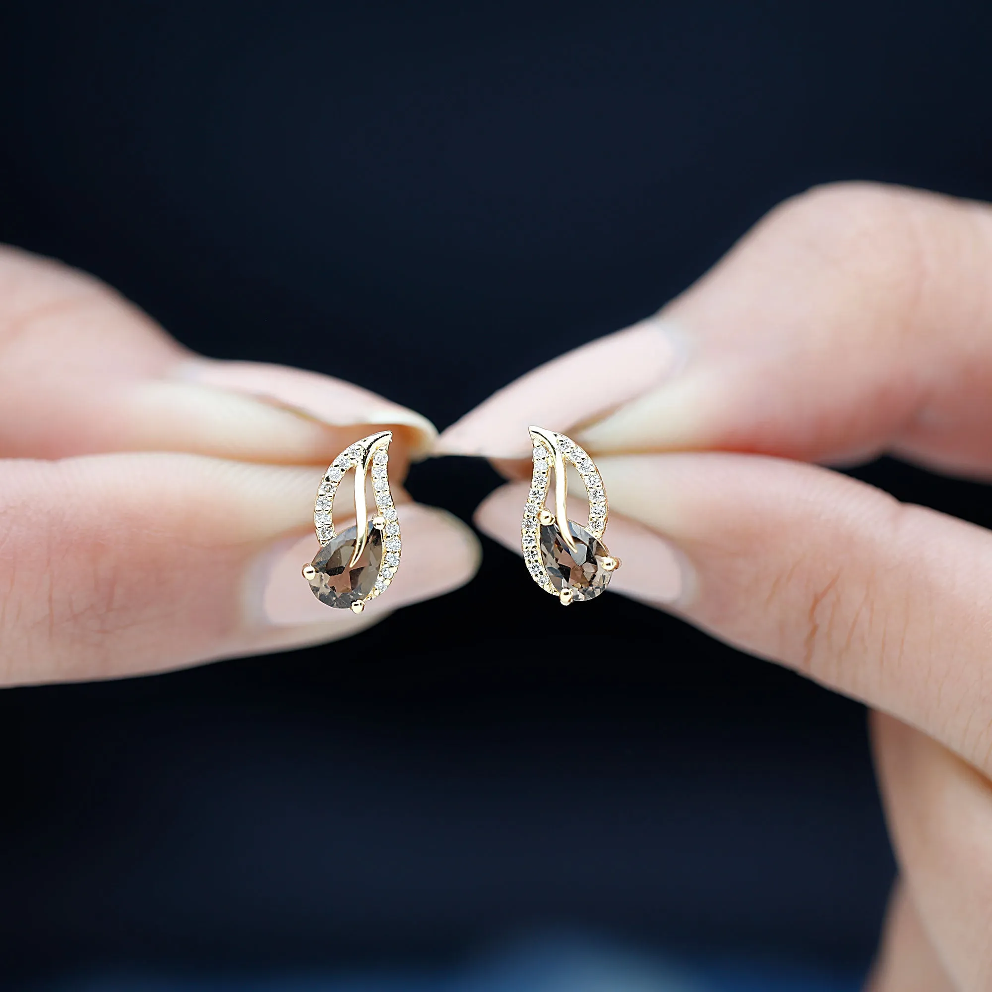 Pear Shape Smoky Quartz and Diamond Leaf Stud Earrings