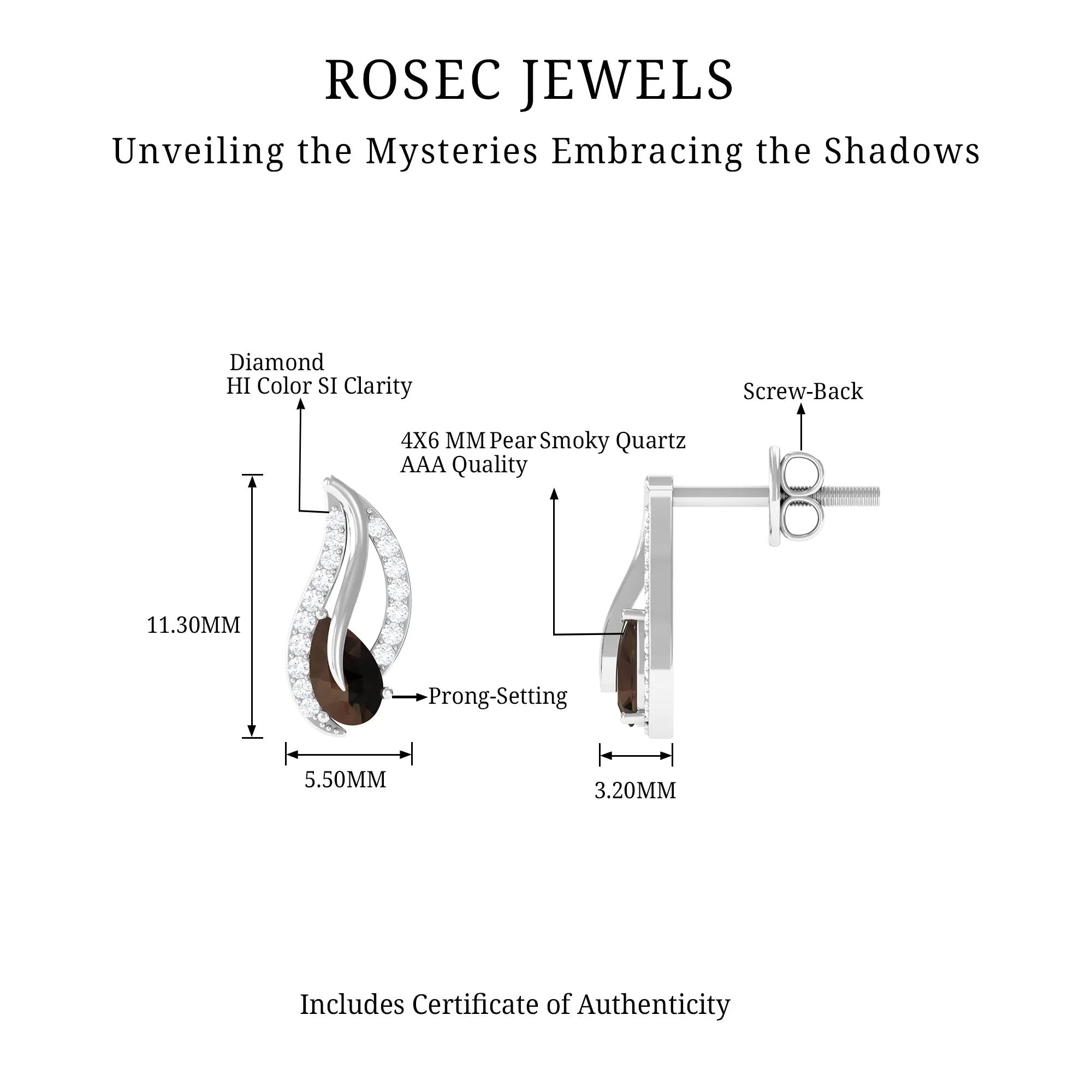 Pear Shape Smoky Quartz and Diamond Leaf Stud Earrings