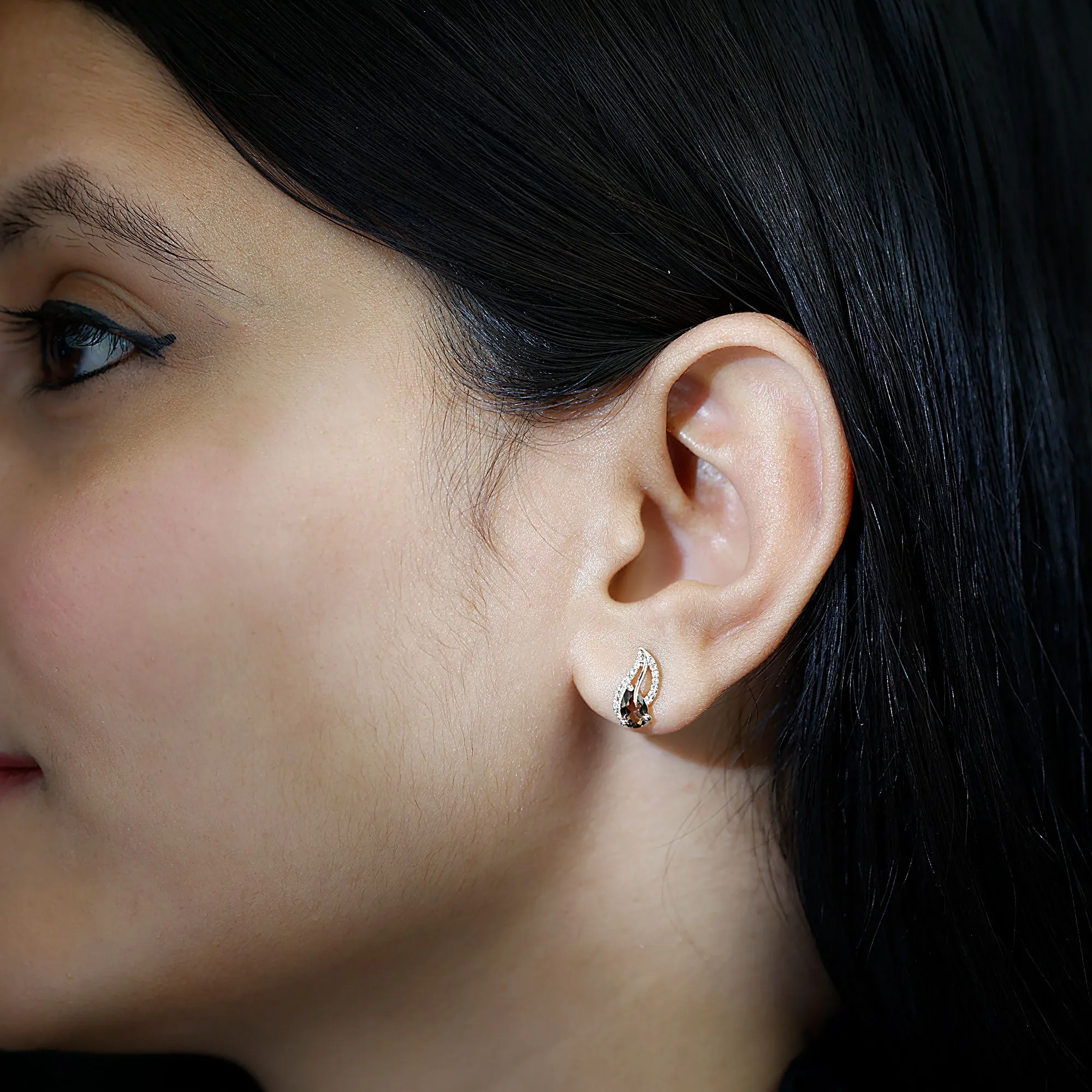 Pear Shape Smoky Quartz and Diamond Leaf Stud Earrings