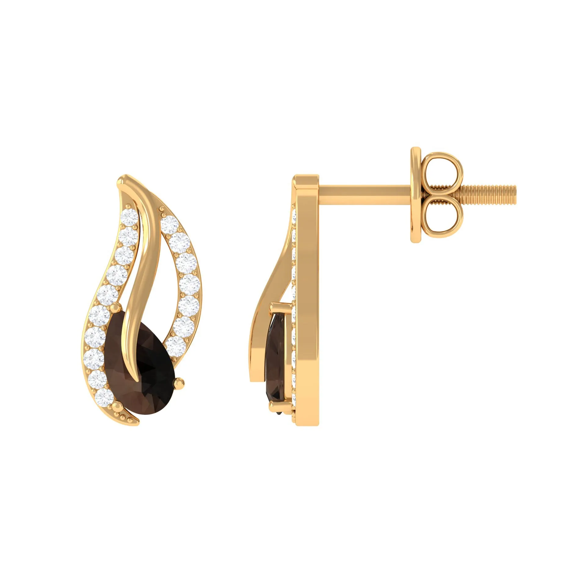 Pear Shape Smoky Quartz and Diamond Leaf Stud Earrings