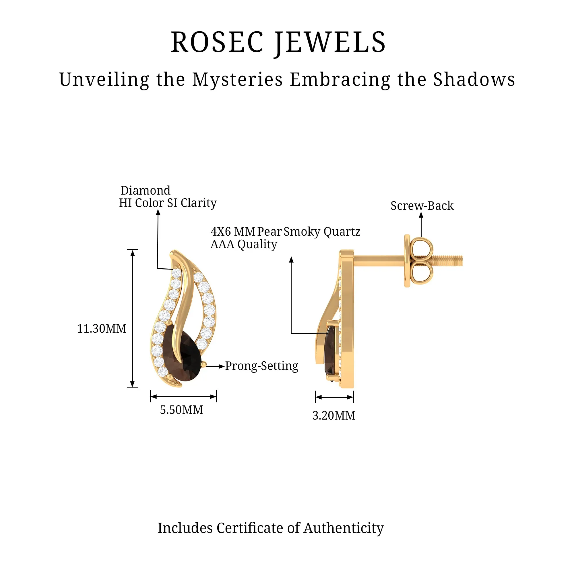 Pear Shape Smoky Quartz and Diamond Leaf Stud Earrings