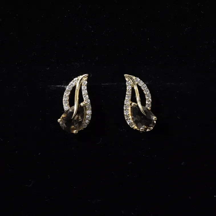 Pear Shape Smoky Quartz and Diamond Leaf Stud Earrings