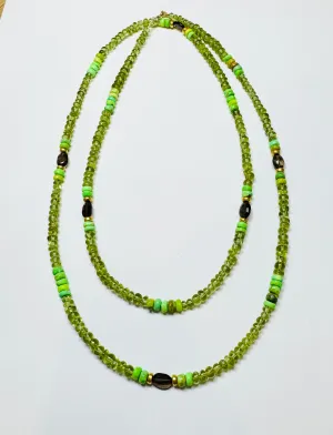 peridot, green turquoise, smokey topaz, and gold layering necklace