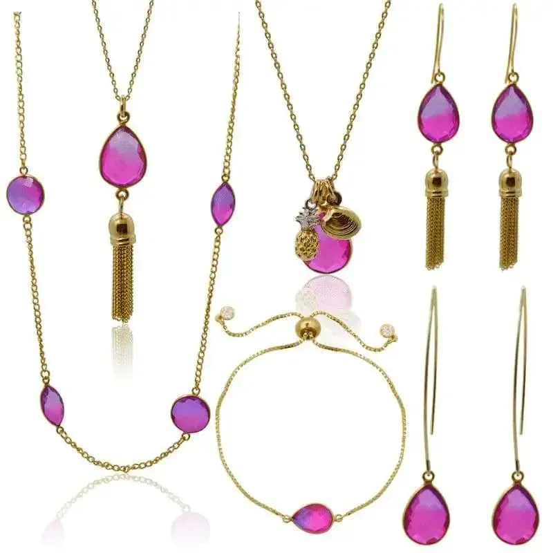 Pink Earrings - Aura Drop Long Gold Designs