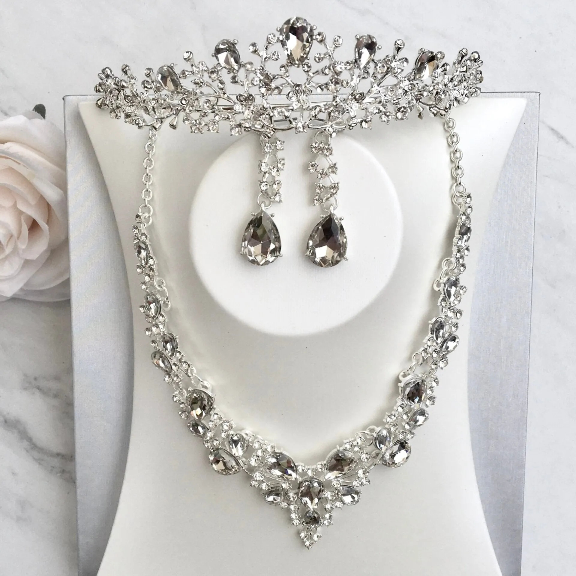 "Pamela" - Bridal 3-Piece Jewelry Set With Tiara - Available in Gold and Silver
