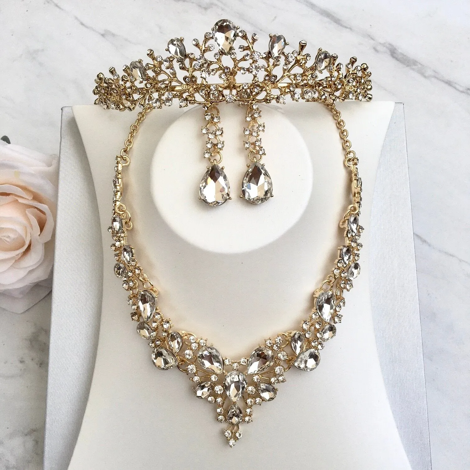 "Pamela" - Bridal 3-Piece Jewelry Set With Tiara - Available in Gold and Silver