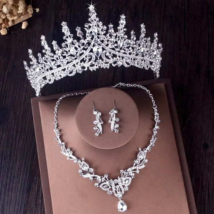 "Rosamund" - Silver Cubic Zirconia 3-Piece Bridal Jewelry Set With Tiara