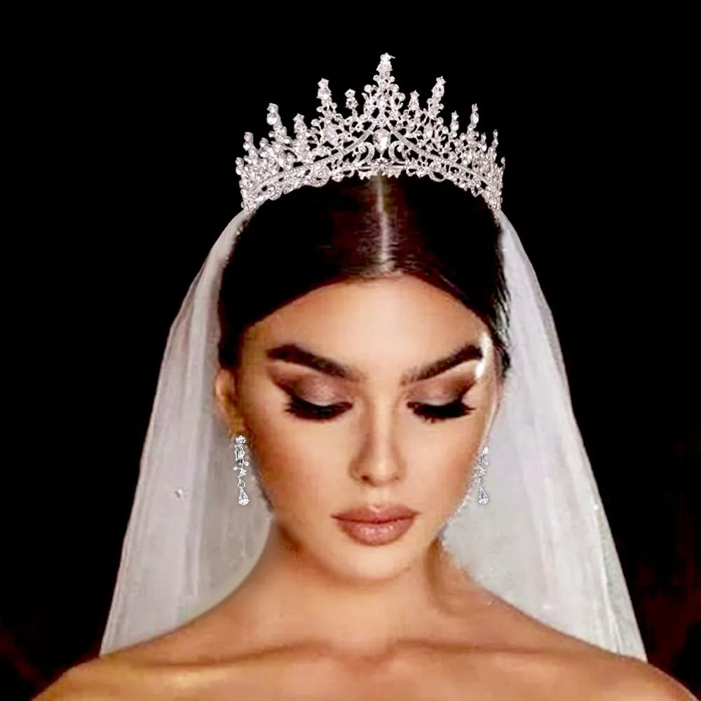 "Rosamund" - Silver Cubic Zirconia 3-Piece Bridal Jewelry Set With Tiara