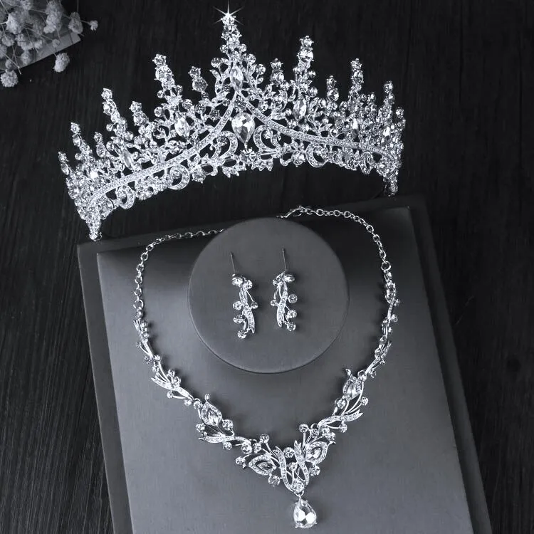 "Rosamund" - Silver Cubic Zirconia 3-Piece Bridal Jewelry Set With Tiara