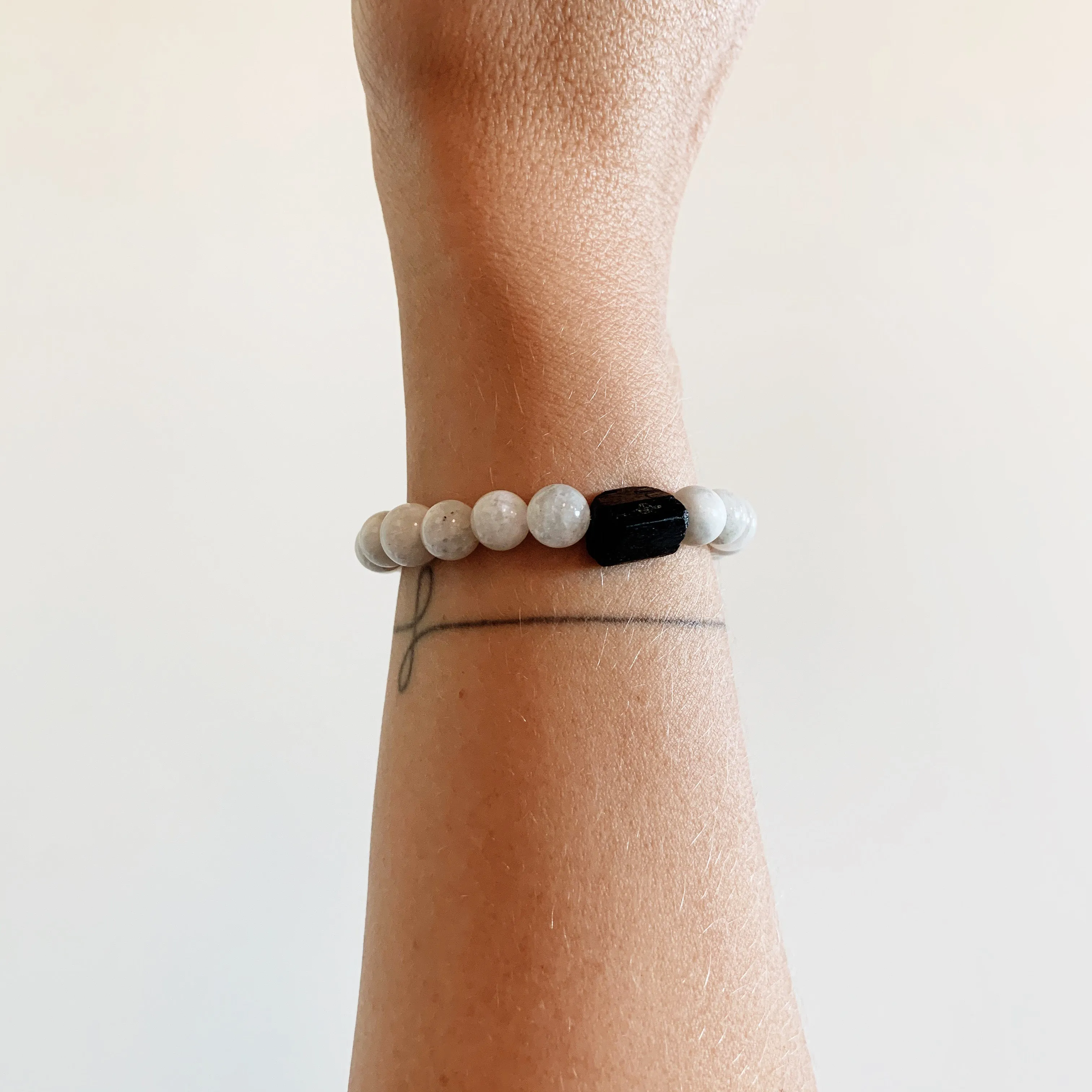 Rainbow Moonstone   Black Tourmaline Crystal Bracelet