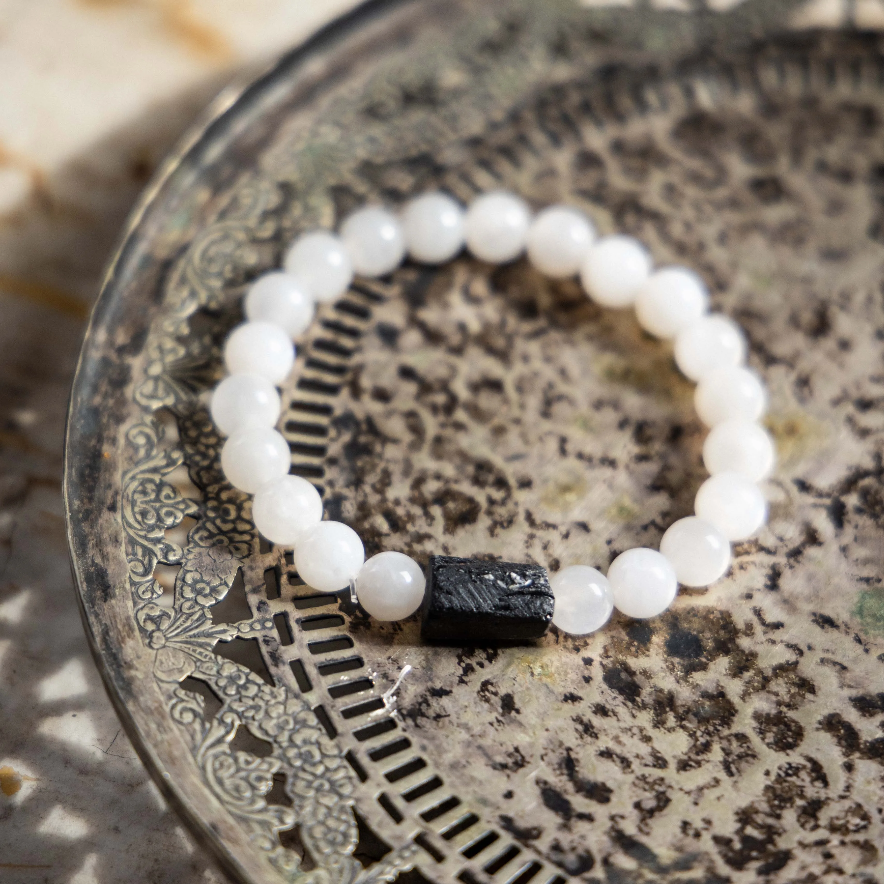 Rainbow Moonstone   Black Tourmaline Crystal Bracelet