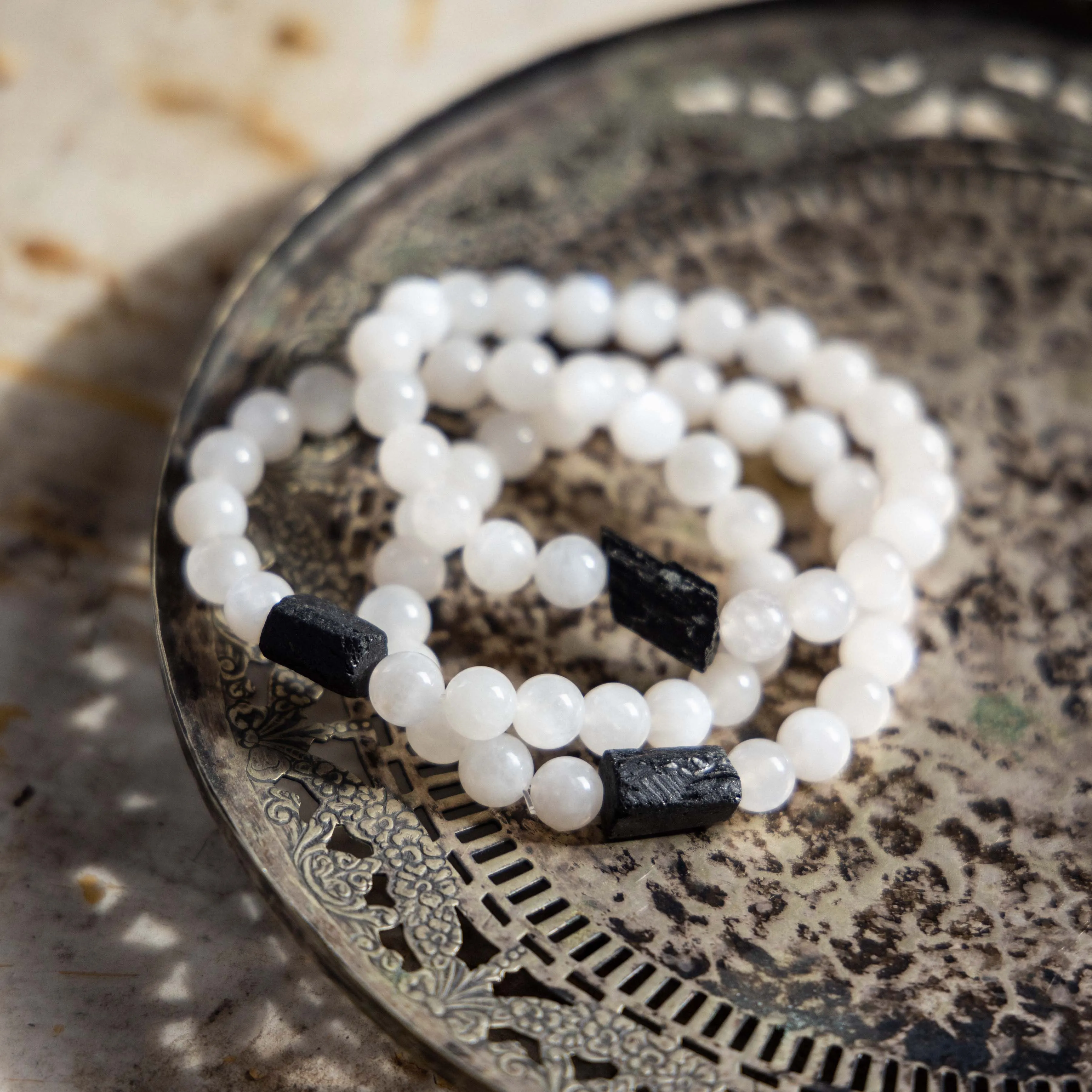 Rainbow Moonstone   Black Tourmaline Crystal Bracelet